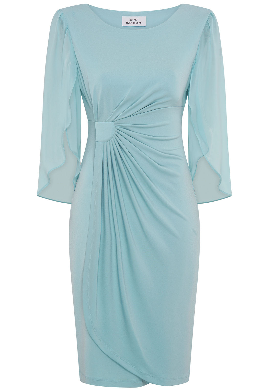 Light blue dress with a draped effect on a white background