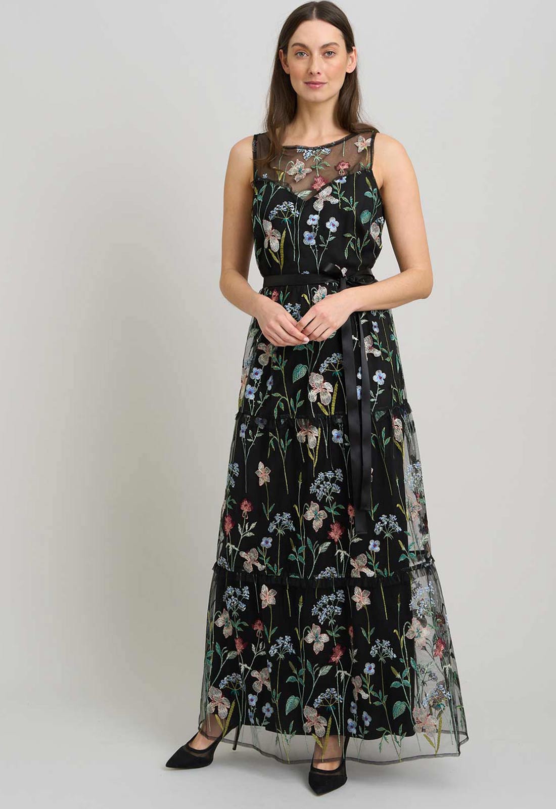 Gina Bacconi BLACK / MULTI Moira Embroidered Floral Maxi Dress