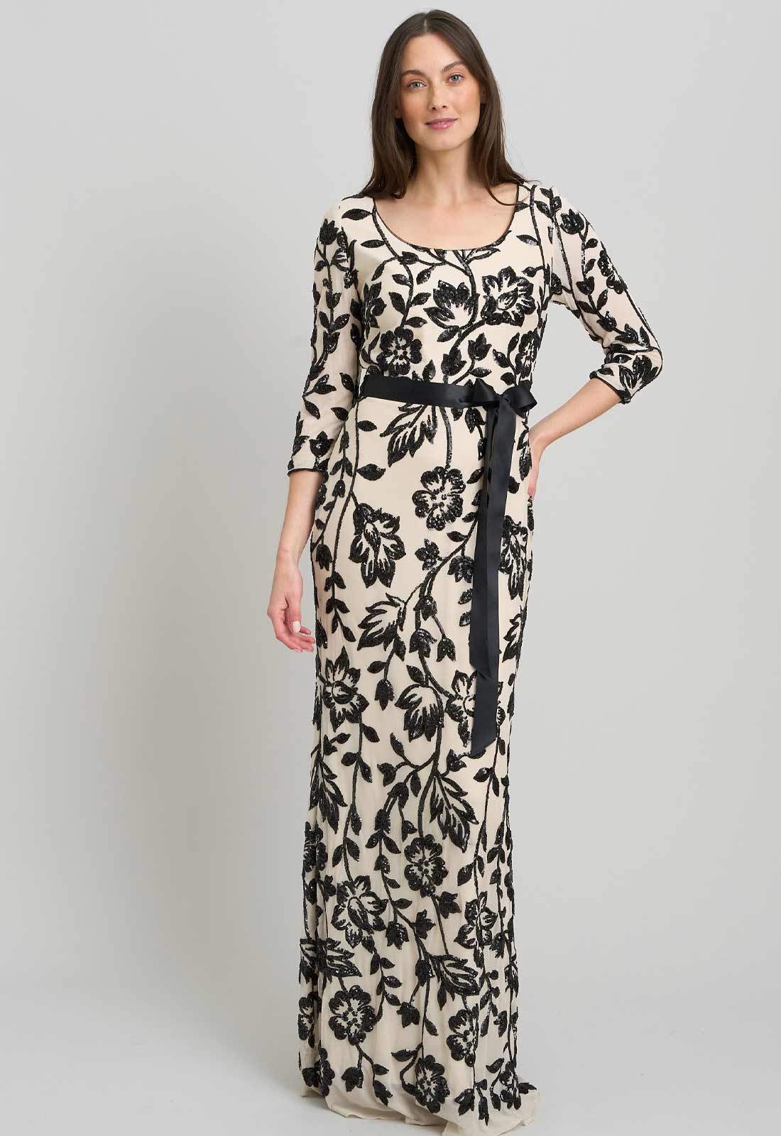 Gina Bacconi CHAMPAGNE / BLACK Murphy Embroidered Sequin Maxi Dress