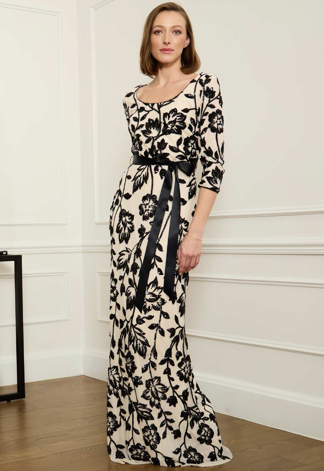 Gina Bacconi CHAMPAGNE / BLACK Murphy Embroidered Sequin Maxi Dress