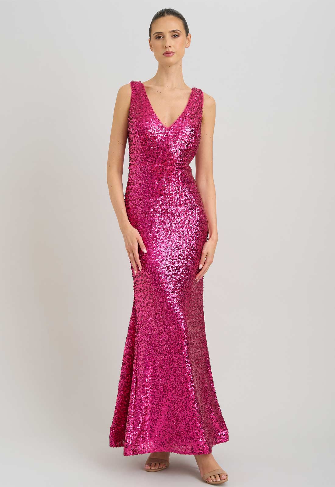 Gina Bacconi FUCHSIA Miller Sequin V Neck Maxi Dress