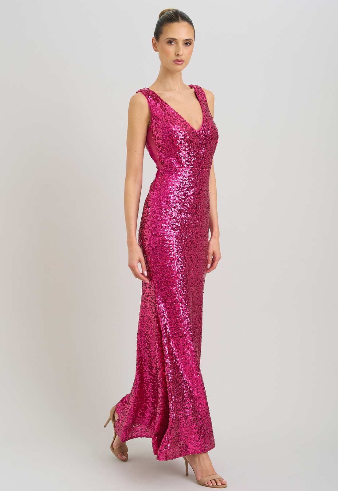 Gina Bacconi FUCHSIA Miller Sequin V Neck Maxi Dress