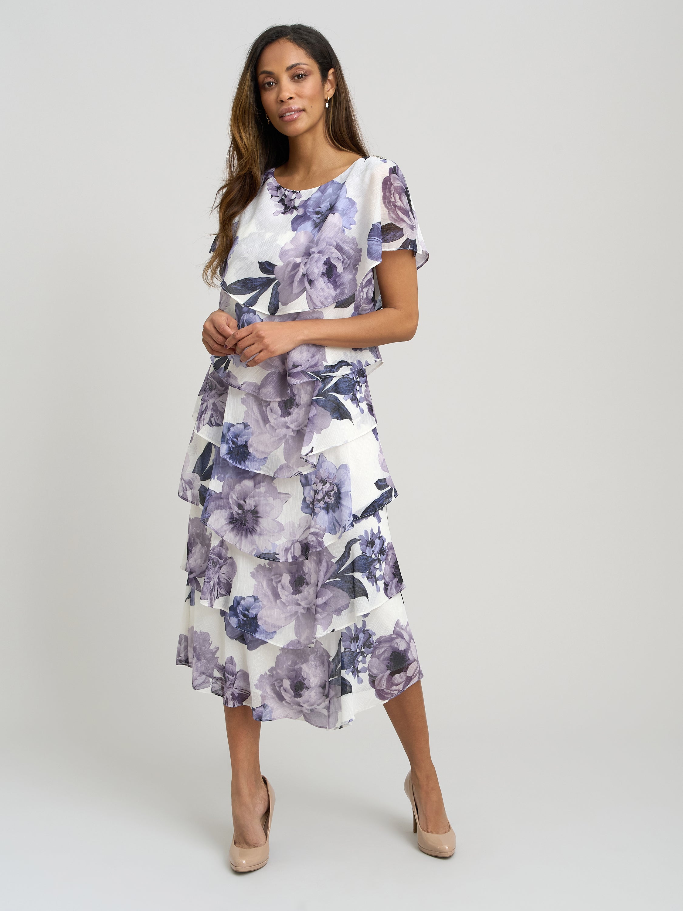Gina Bacconi BLUE / MULTI Rena Midi Printed Tiered Chiffon Dress