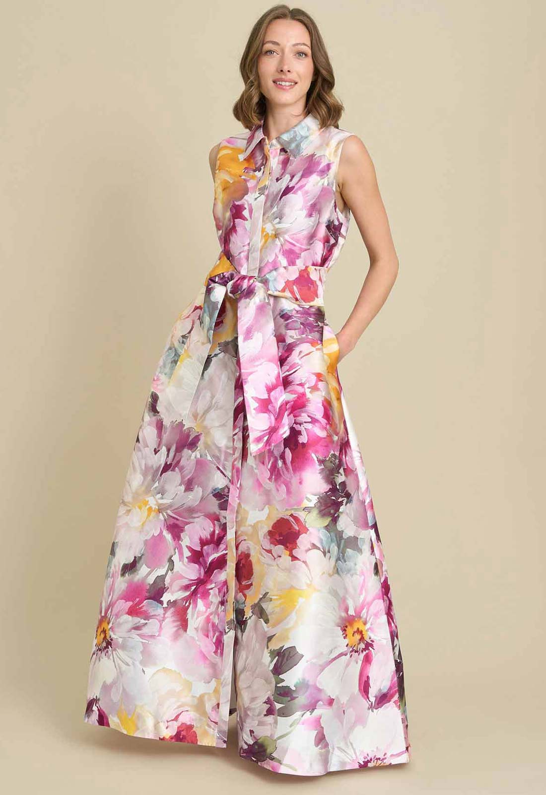 Gina Bacconi PINK / MULTI Rosanne Floral Belt Tie Maxi Dress