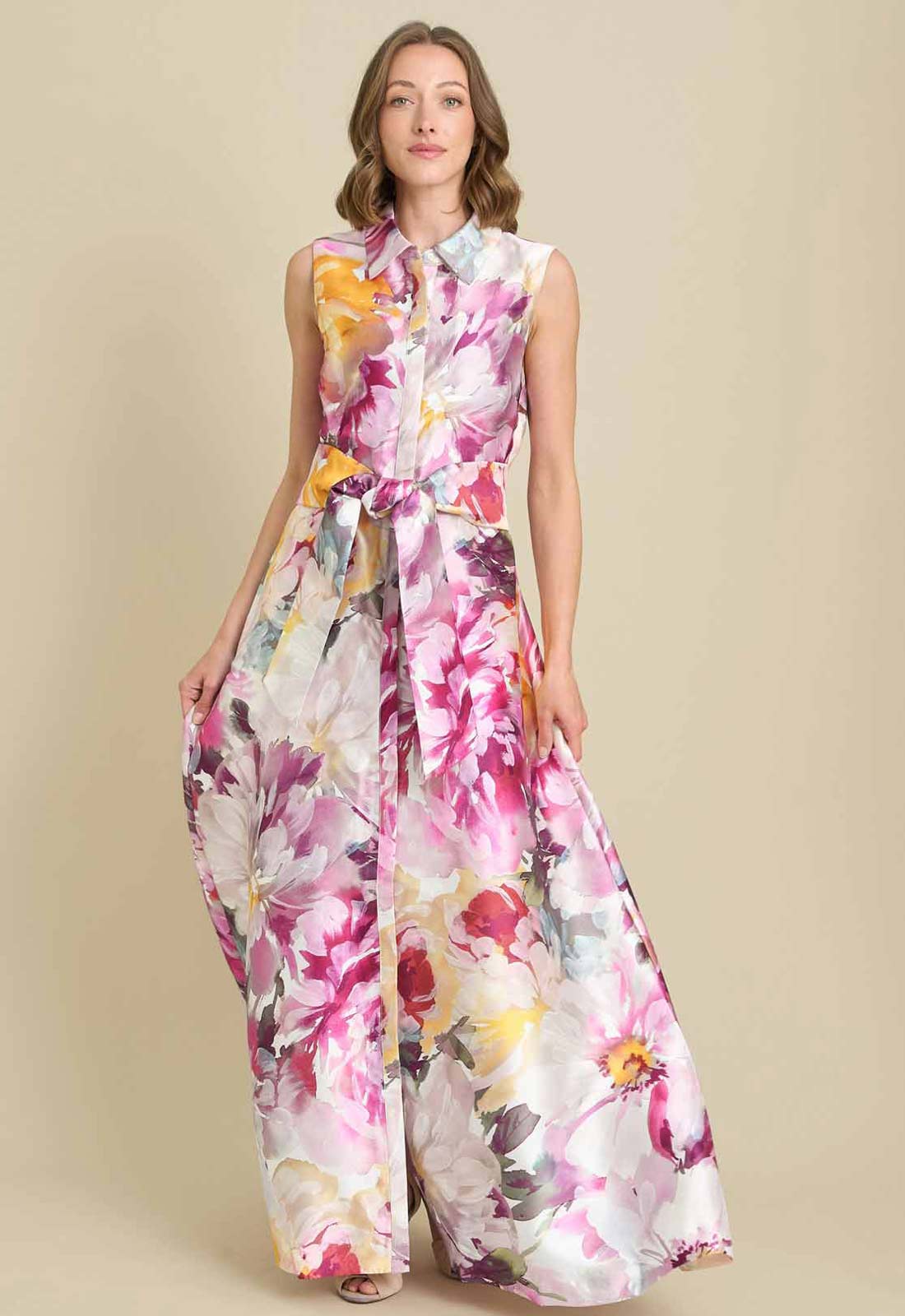 Gina Bacconi PINK / MULTI Rosanne Floral Belt Tie Maxi Dress