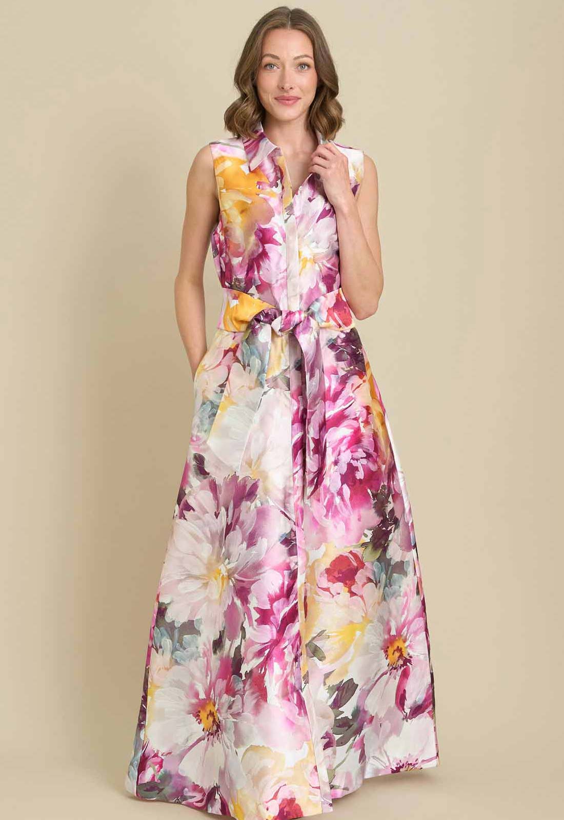 Gina Bacconi PINK / MULTI Rosanne Floral Belt Tie Maxi Dress