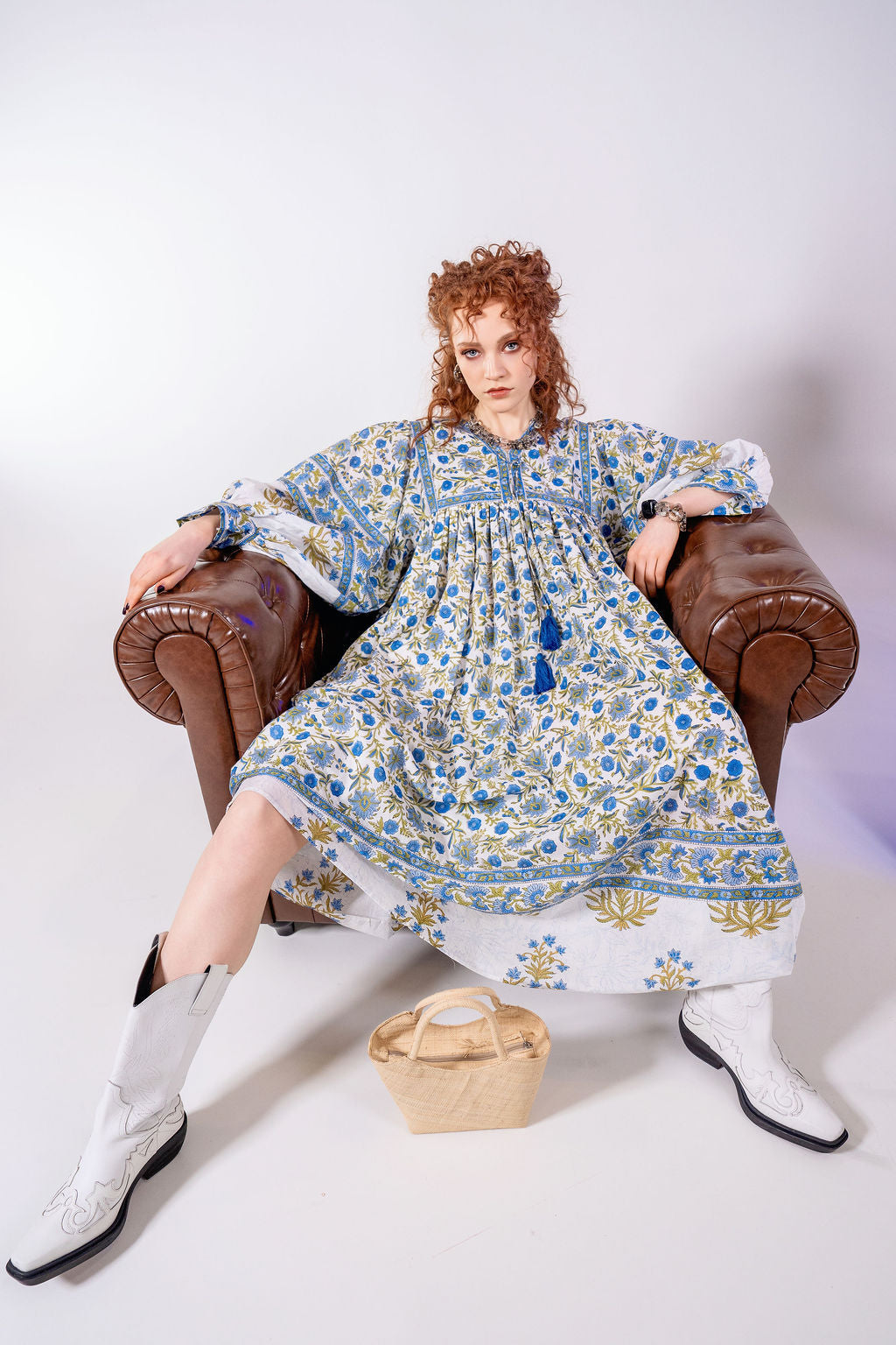 Soul Of Sita Amelia San Floral In Blue/Green Floaty Sleeve Maxi Folk Dress In Woodblock Print