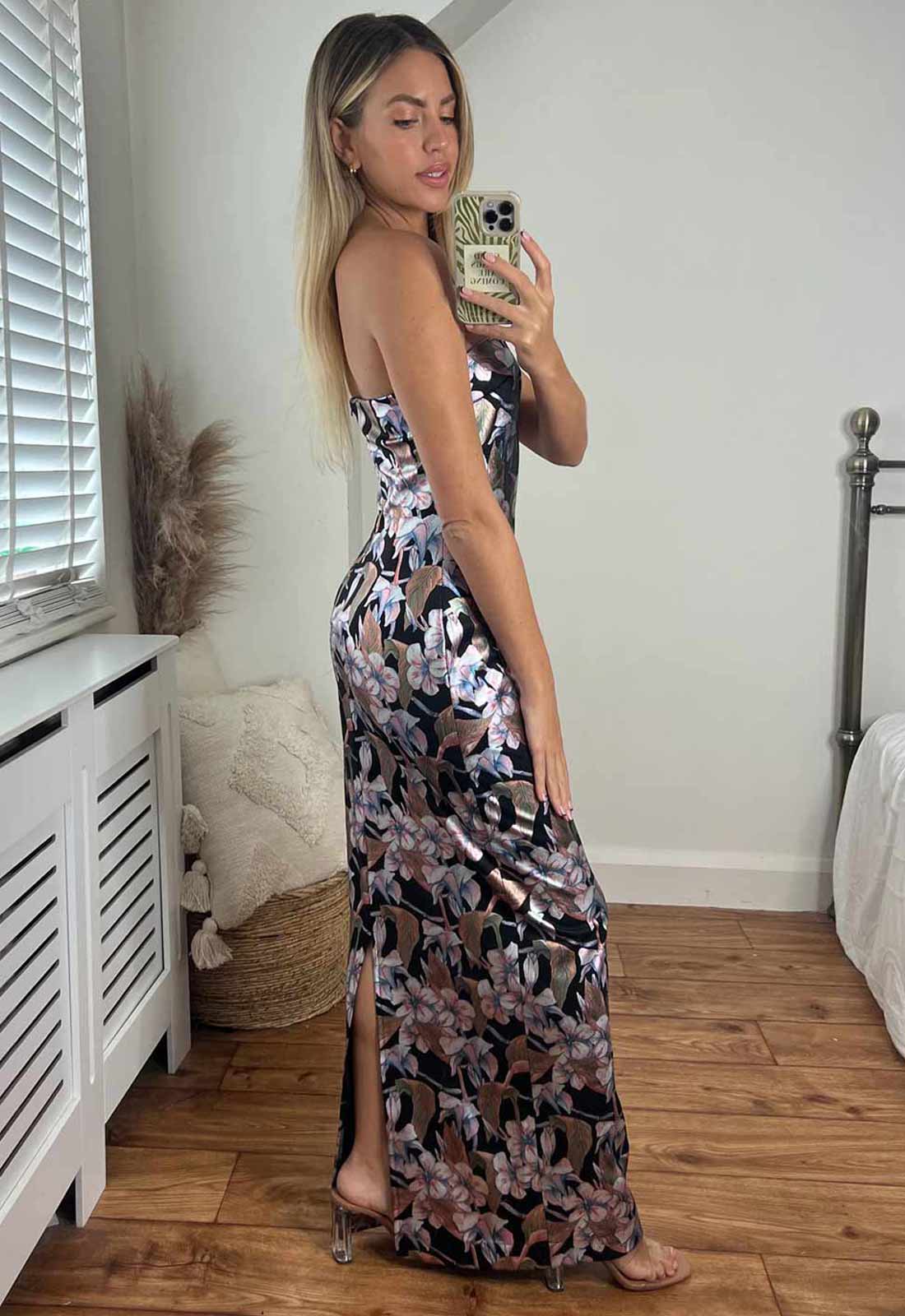 Josh And Nicol Sofia Maxi Bodycon Dress in Foil Floral Print