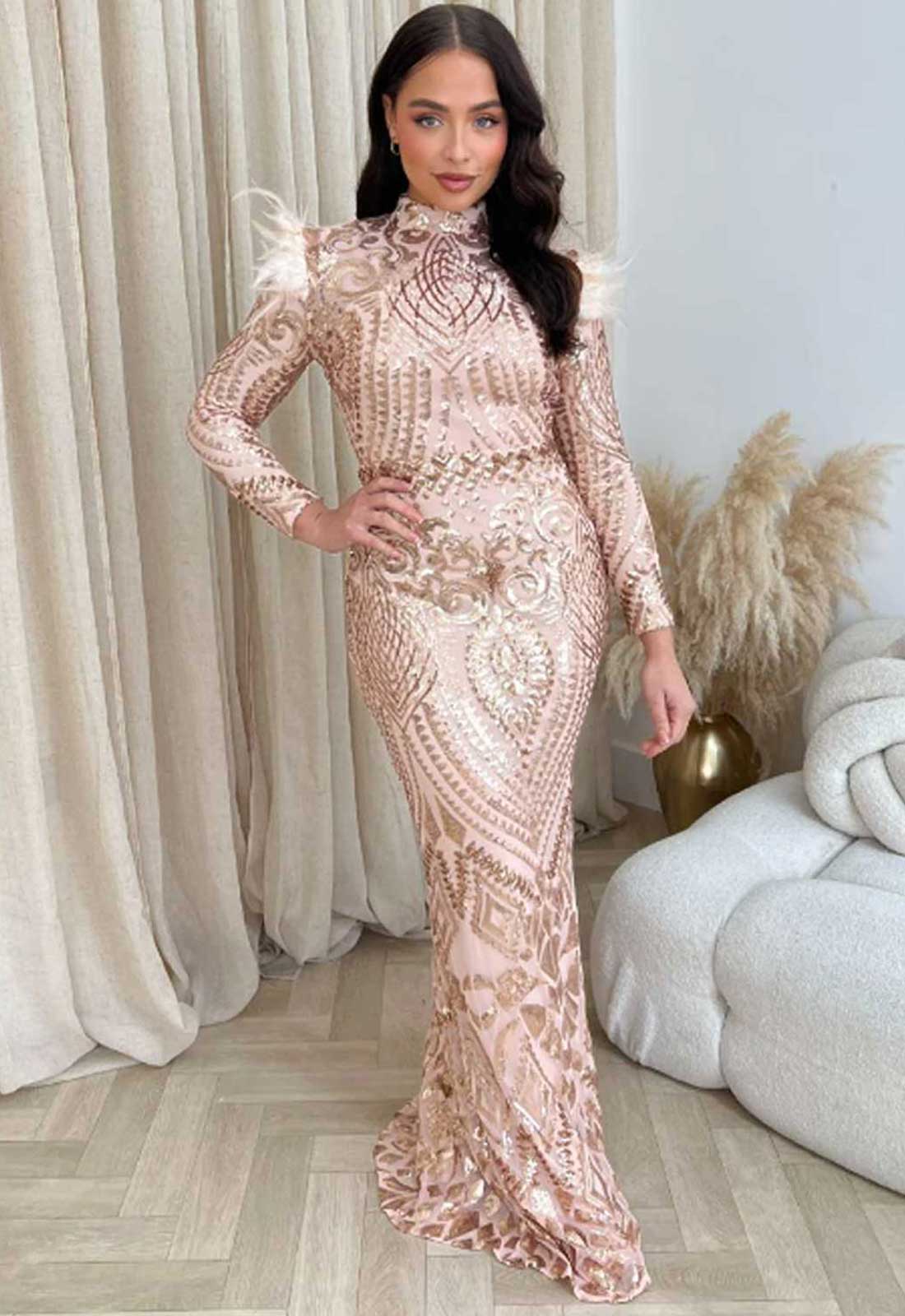 knee length dresses for ladies Macloth Long Sleeves Sequin Hi-Lo Prom Dress Rose Gold Evening Formal Gown Rose Gold / Above Knee / US8 main image 0