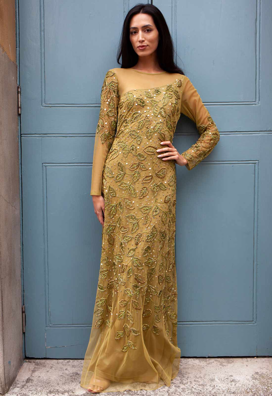 green emerald velvet dress Raishma Olive Green Sally Embellished Maxi Dress