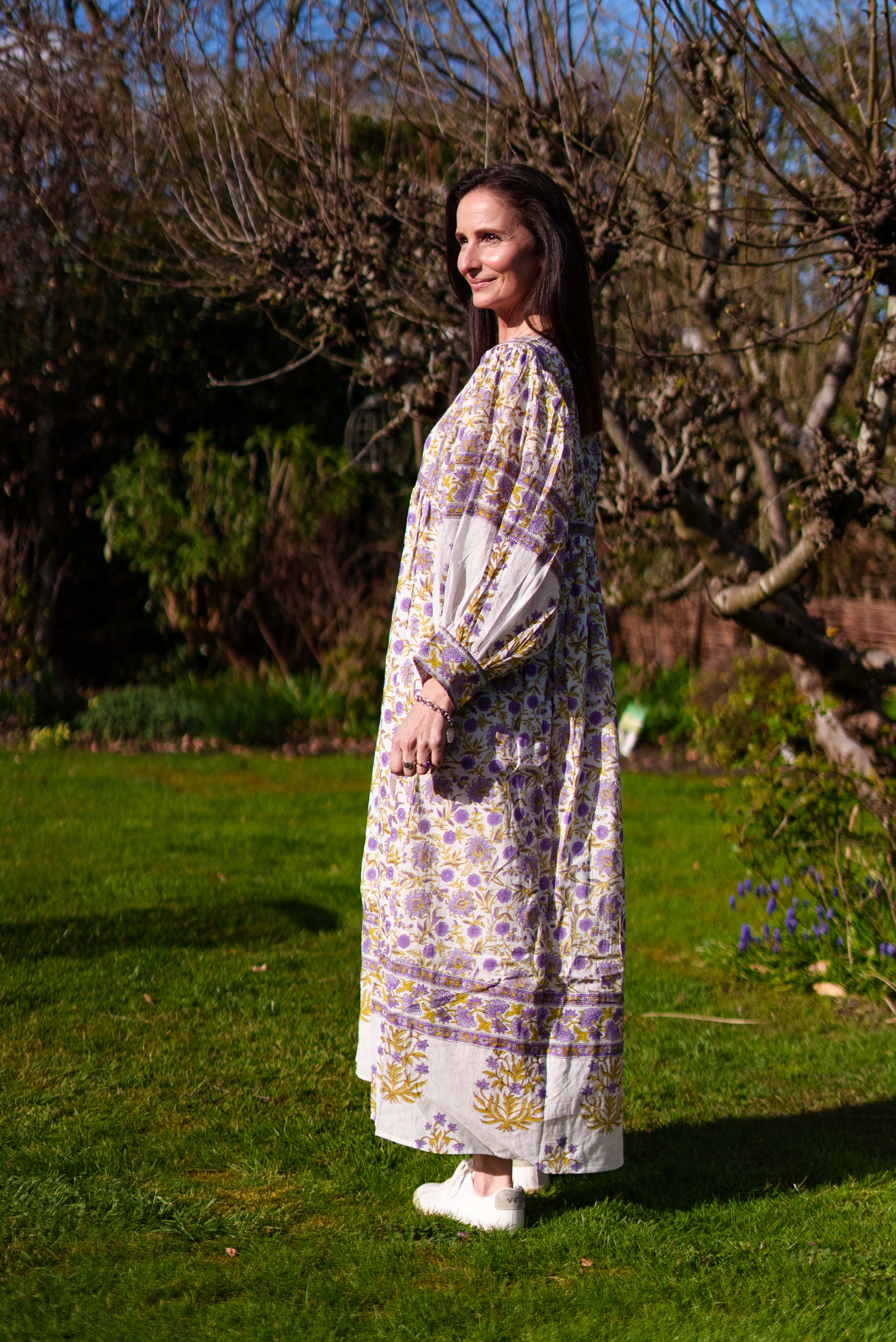 Soul Of Sita Amelia San Floral Lilac Floaty Sleeve Woodblock Print With Flowers, Maxi Dress