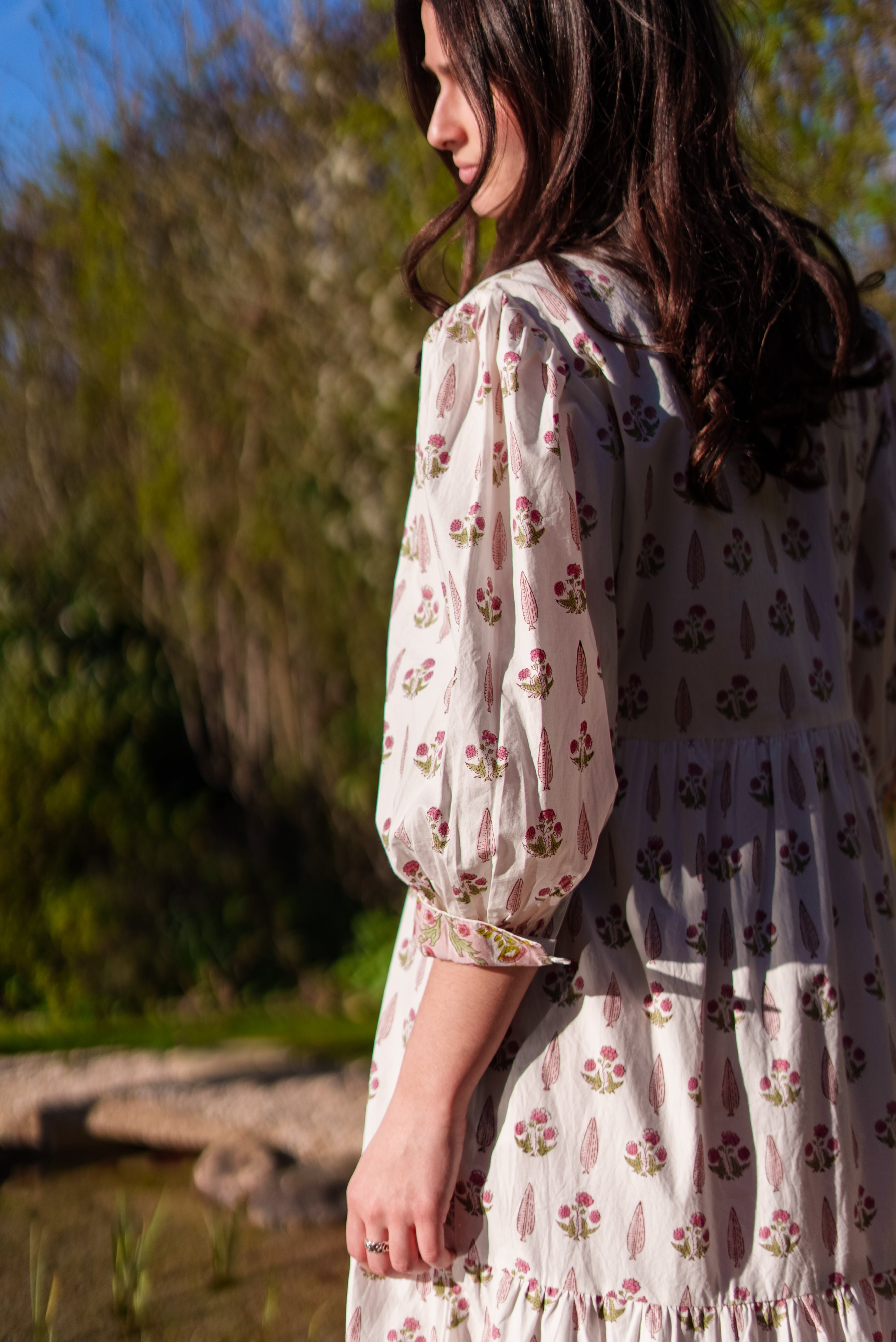 Soul Of Sita Lalita Cream Woodblock Print Maxi Dress 100% Cotton, Side Pockets And Border