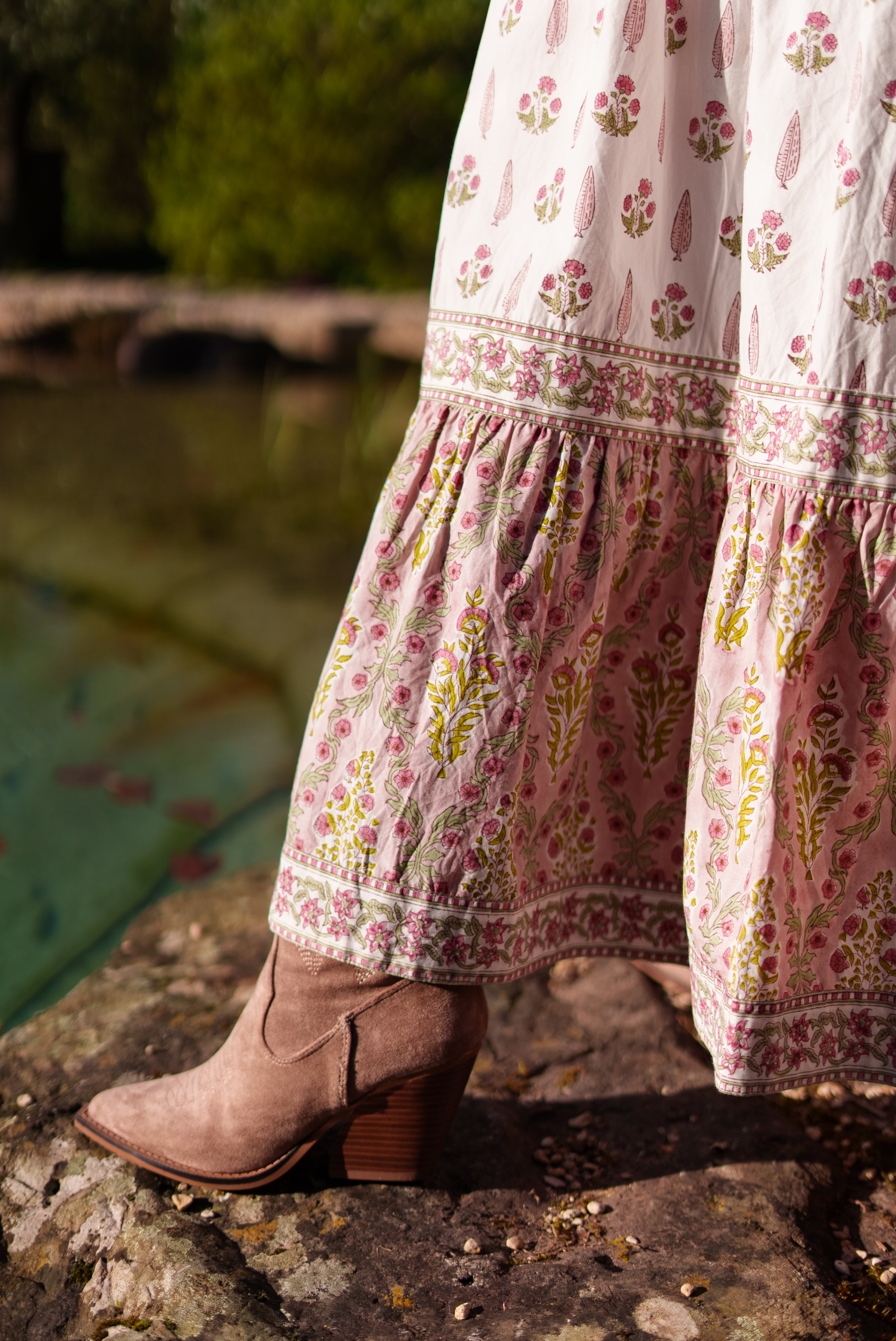 Soul Of Sita Lalita Cream Woodblock Print Maxi Dress 100% Cotton, Side Pockets And Border