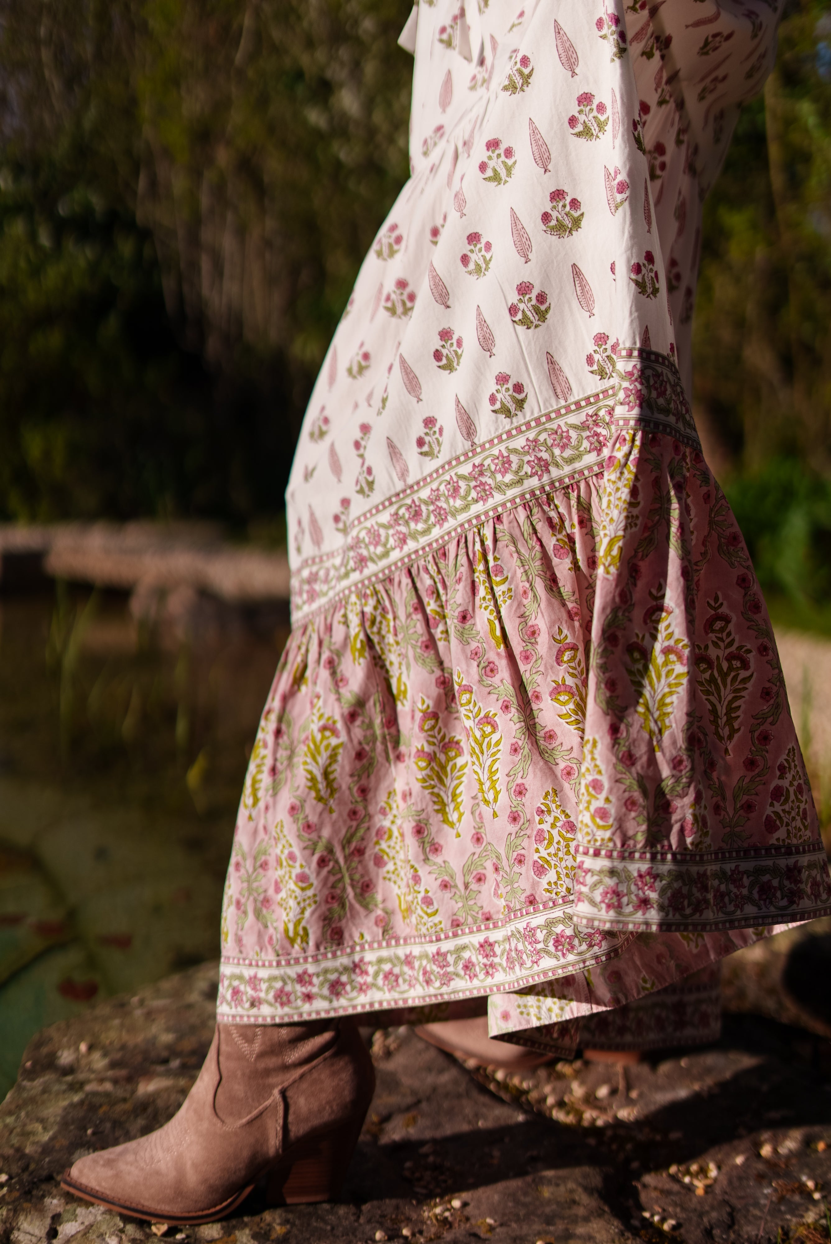 Soul Of Sita Lalita Cream Woodblock Print Maxi Dress 100% Cotton, Side Pockets And Border
