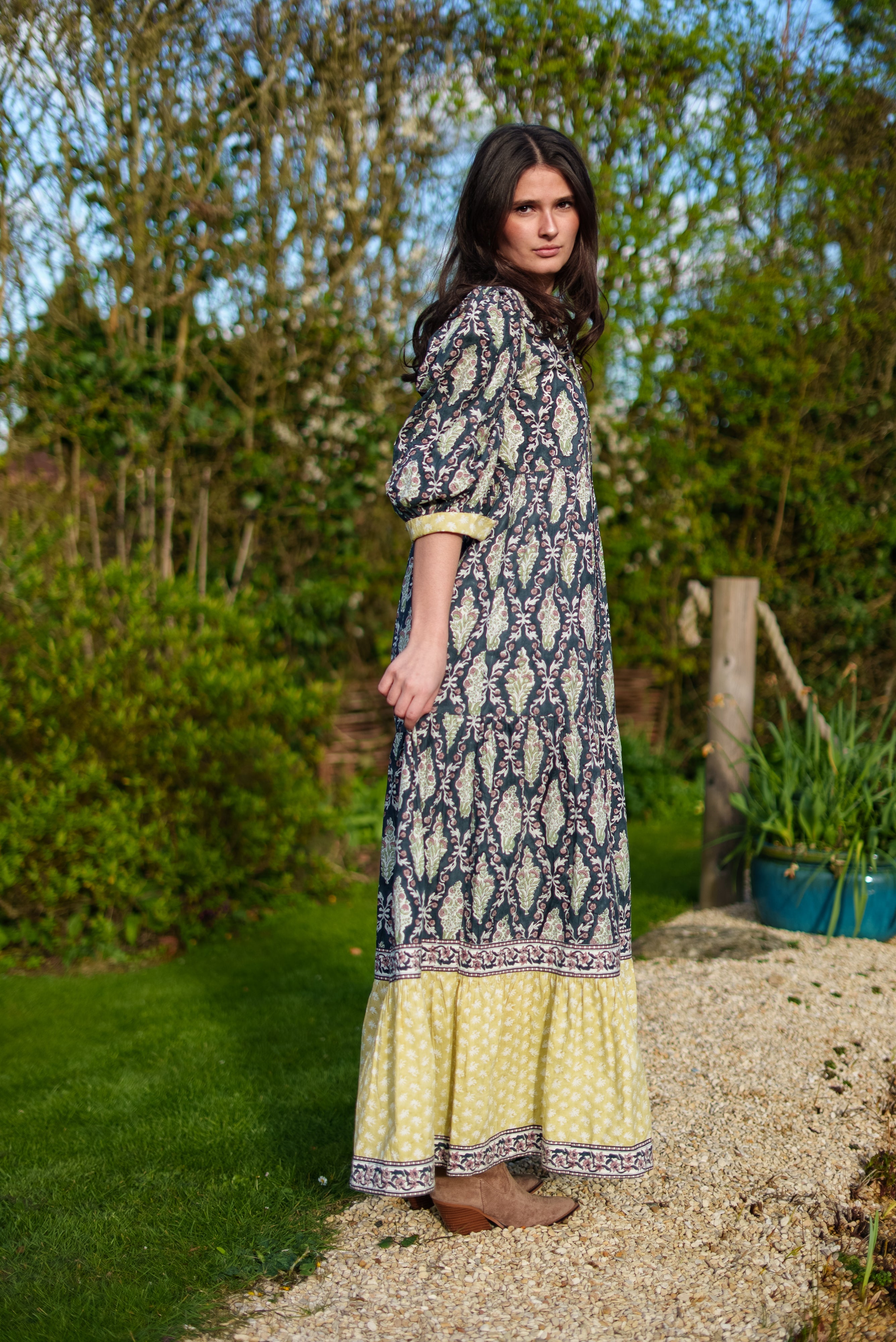 Soul Of Sita Lalita Ink Maxi Woodblock Print Dress, 100% Cotton