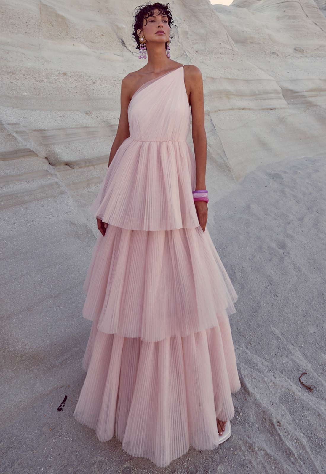 True Decadence Peach Liana Asymmetric Tiered Maxi Dress