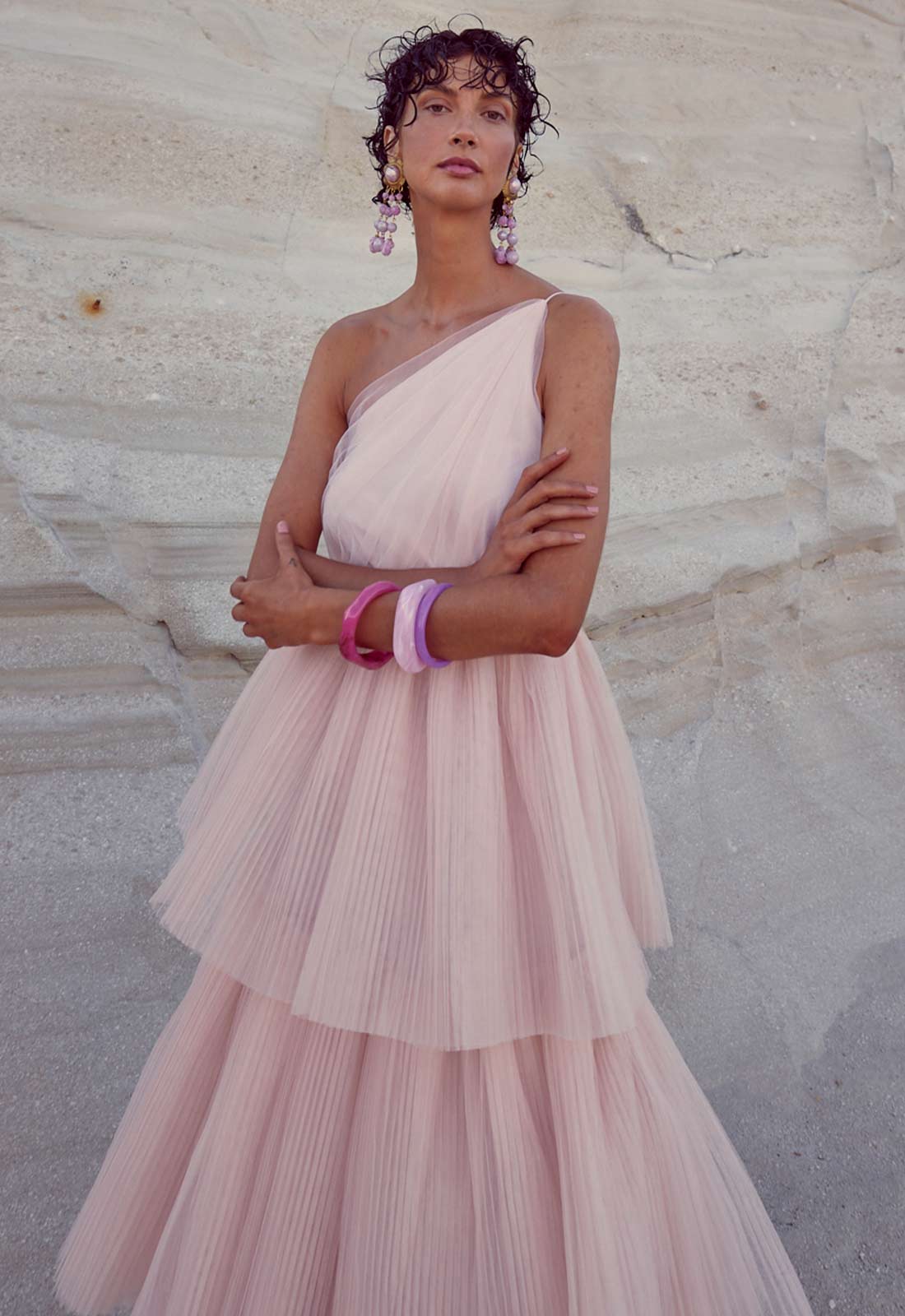 True Decadence Peach Liana Asymmetric Tiered Maxi Dress