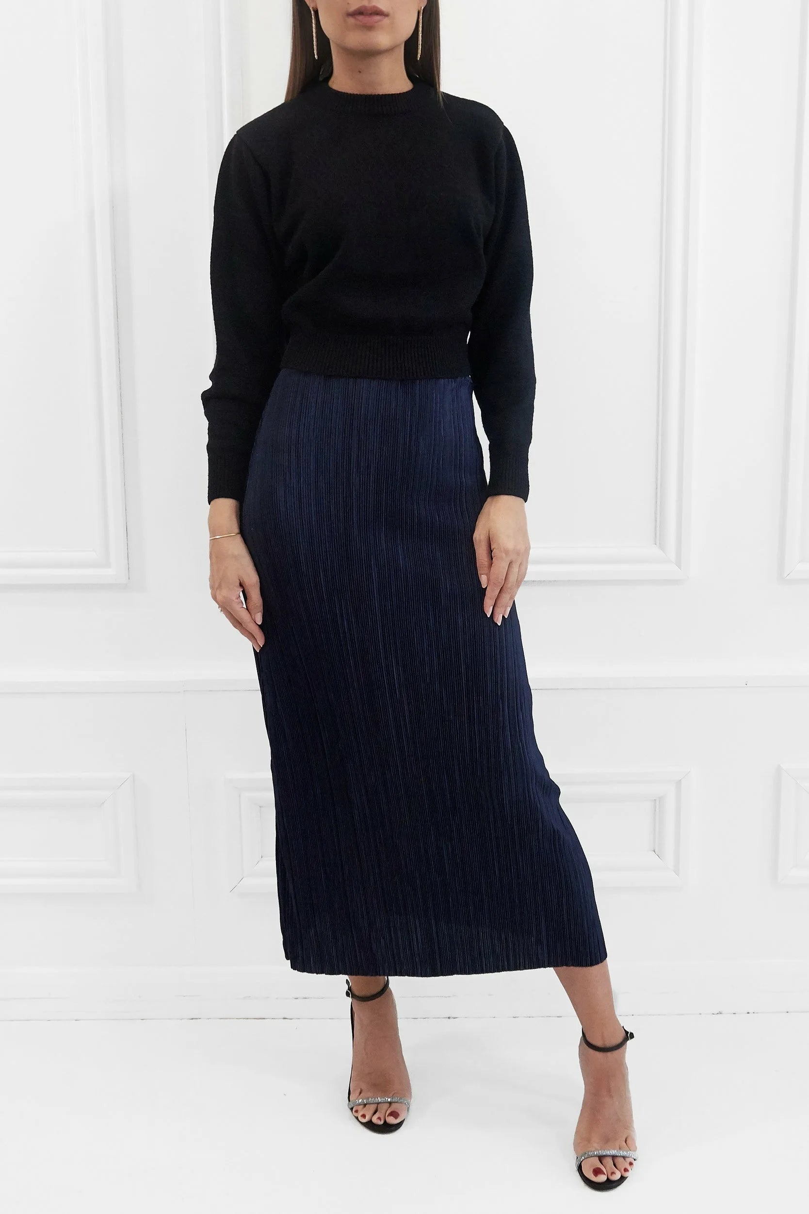 Honor Gold Tiana Plisse Pleated Navy Maxi Skirt