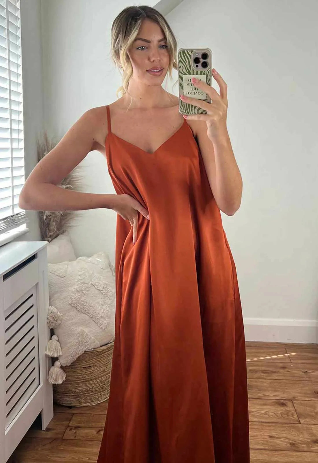 Josh And Nicol Trapeze Satin Dress- Cinnamon Orange