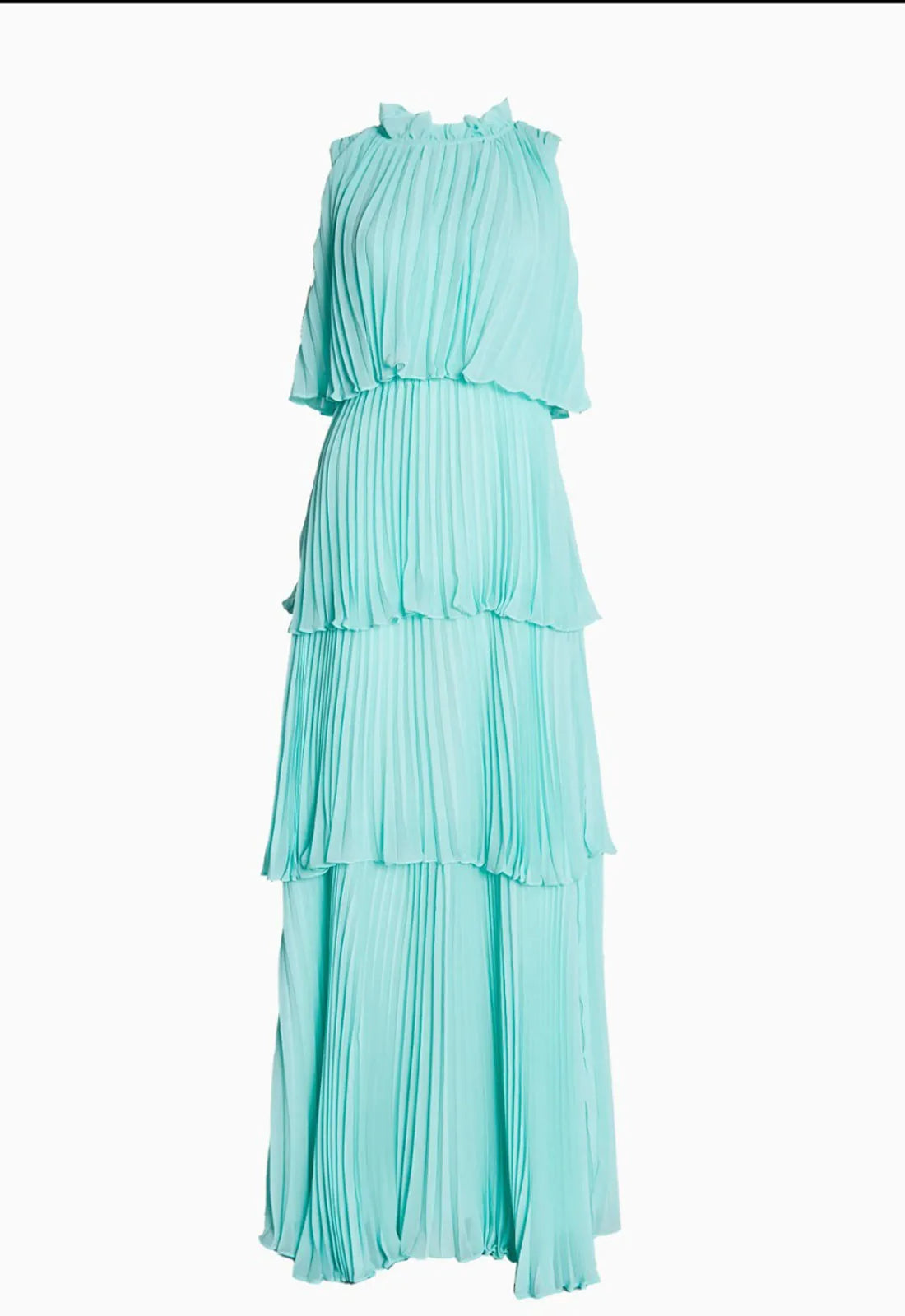 True Decadence Tara Aqua Tiered Pleated Maxi Dress with High Ruffle Neck