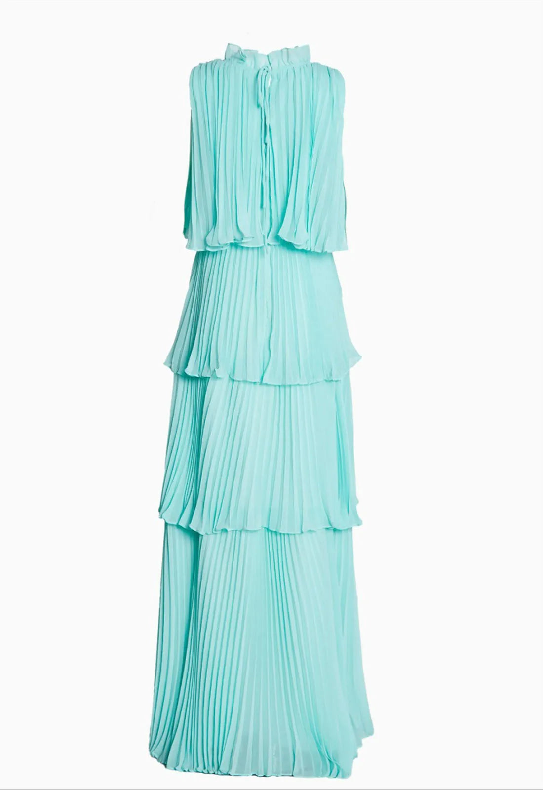 True Decadence Tara Aqua Tiered Pleated Maxi Dress with High Ruffle Neck