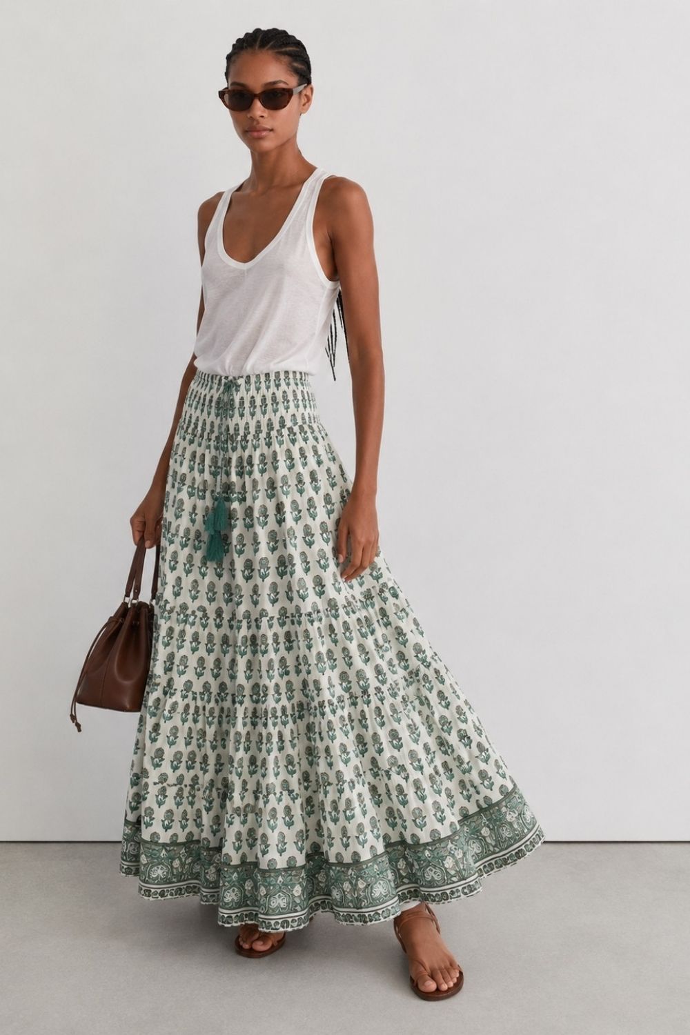 Soul Of Sita Woodblock Printed Cotton Voile Maxi Skirt With Border Print.