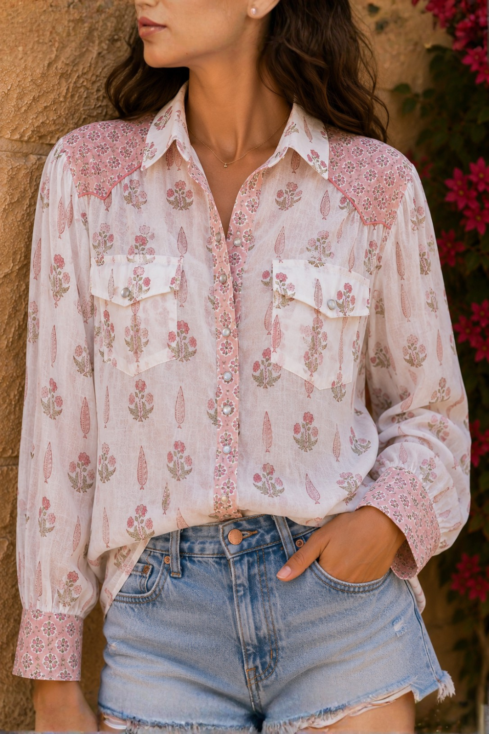 Soul Of Sita Long Sleeve Western Style Shirt In Cotton Voile, With A Beautiful Wood Block Print