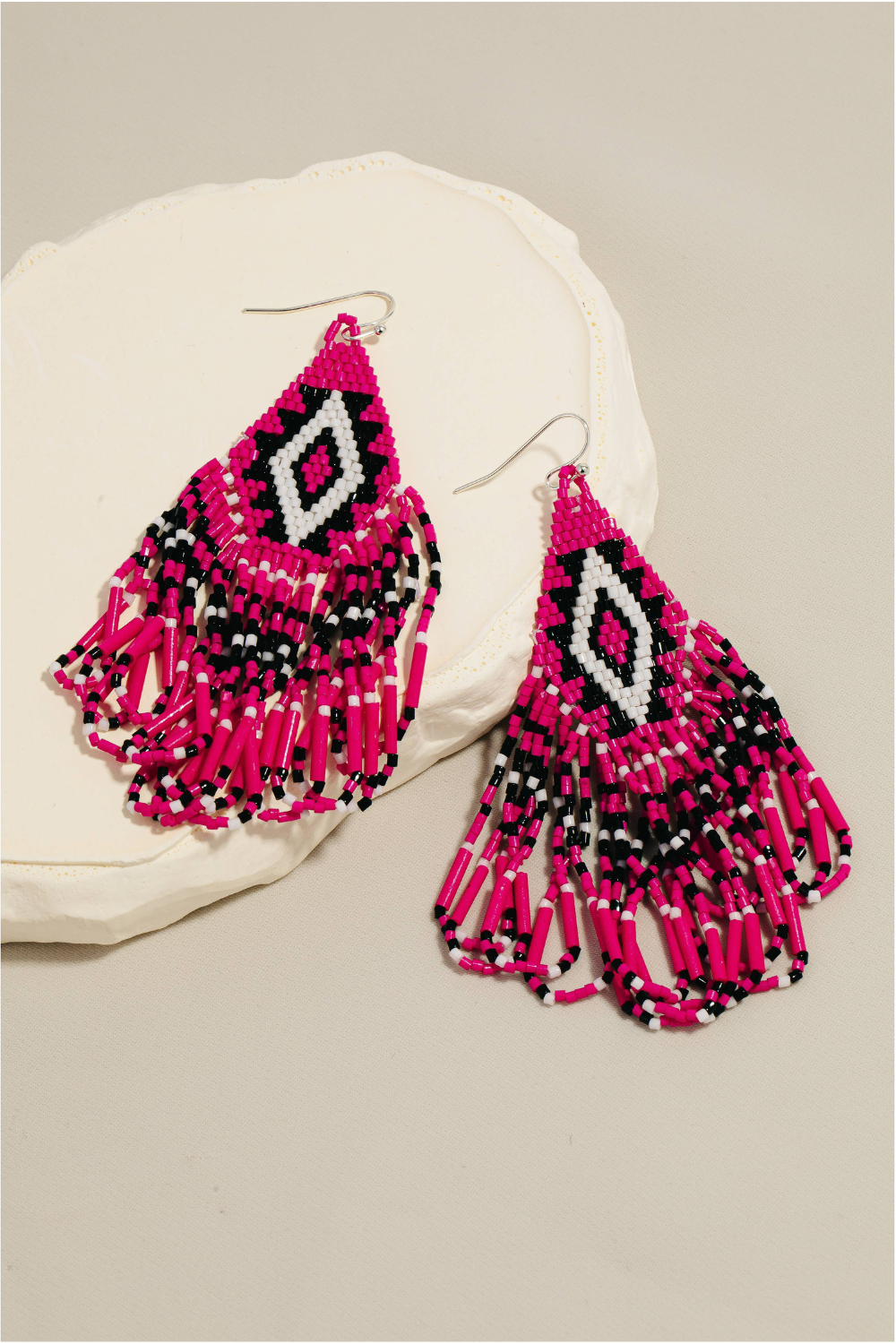 Soul Of Sita Triangular Boho Seed Beaded Fringe Dangle Earrings: Shp