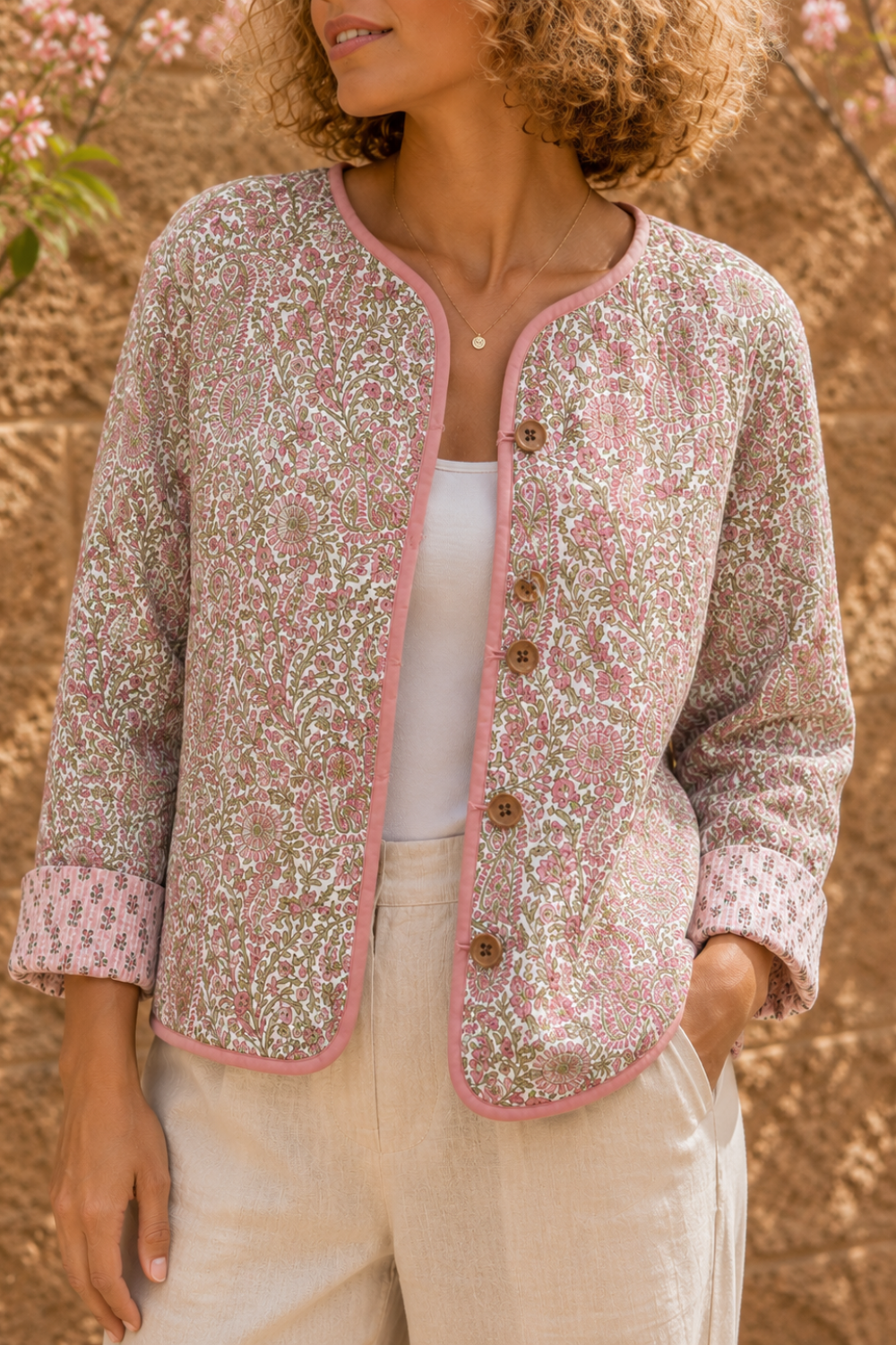 Soul Of Sita Pink/Green Floral Wood Block Printed Reversible Jacket With Wooden Buttons, 100% Cotton, Hand Printed By Amazingly Talented Artisans In Jaipur.