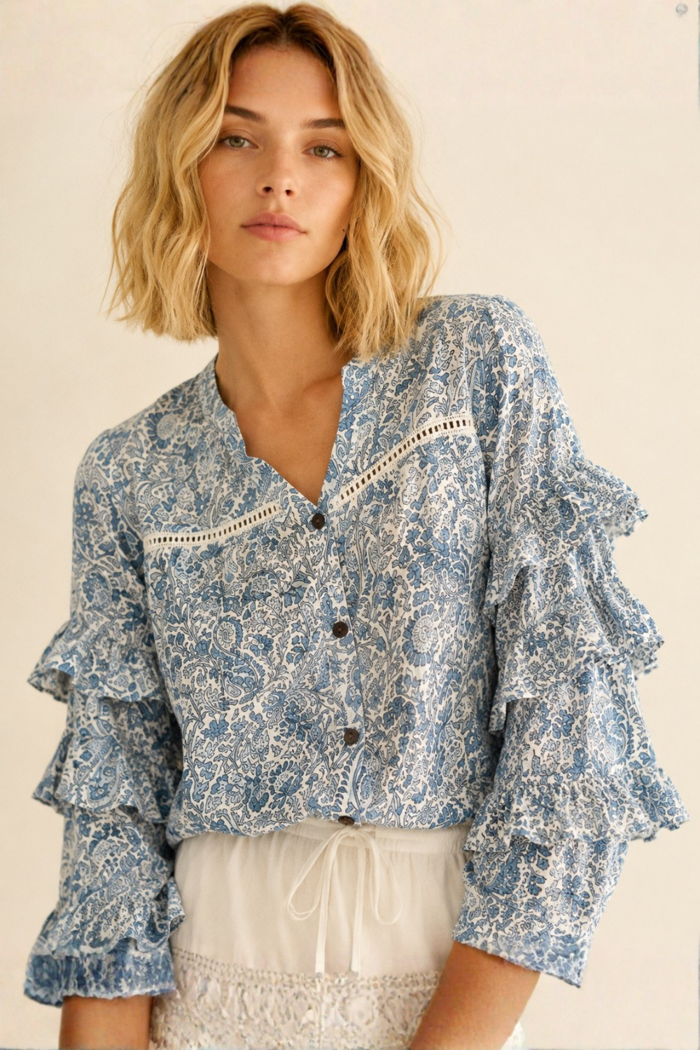 Soul Of Sita Liberty Woodblock Printed Frill Sleeve Blouse In Blue Paisley Floral