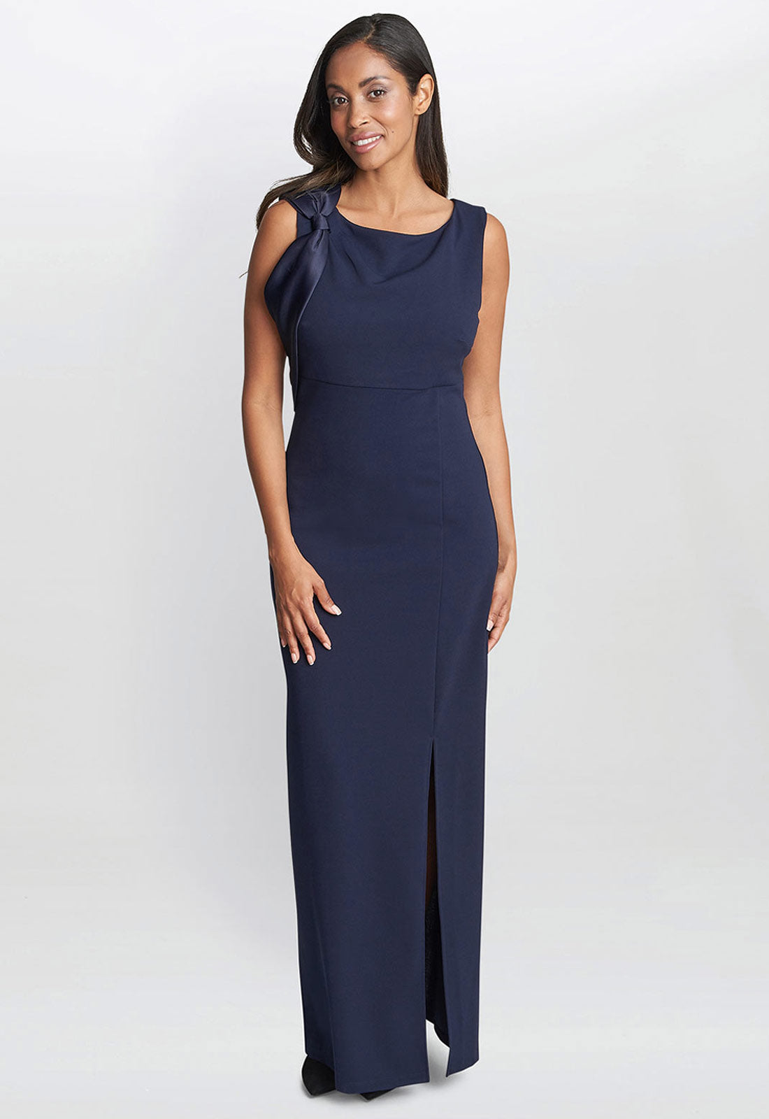 Gina Bacconi Navy Merle Bow Shoulder Maxi Dress