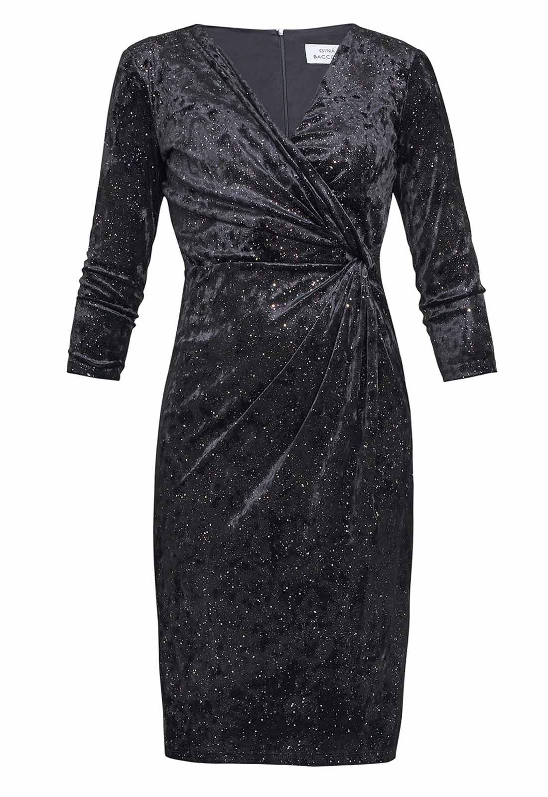 Gina Bacconi Black Shannon Velvet Wrap Knot Dress