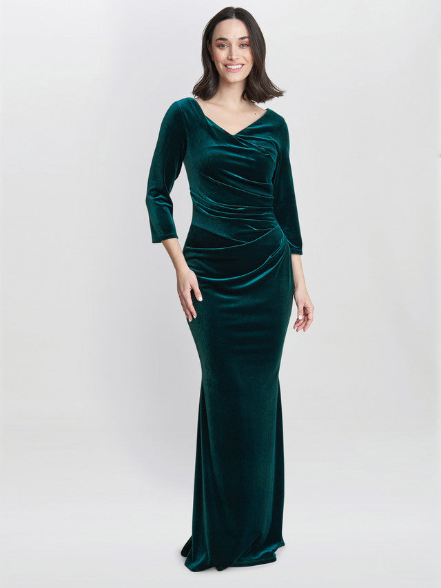Gina Bacconi Green Sophie Velvet Maxi Dress With 3/4 Sleeve