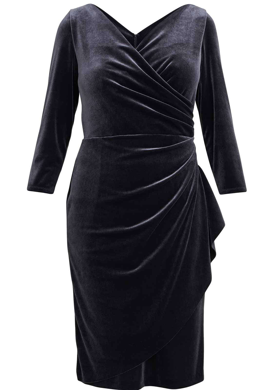Black velvet dress with draped design on a white background
