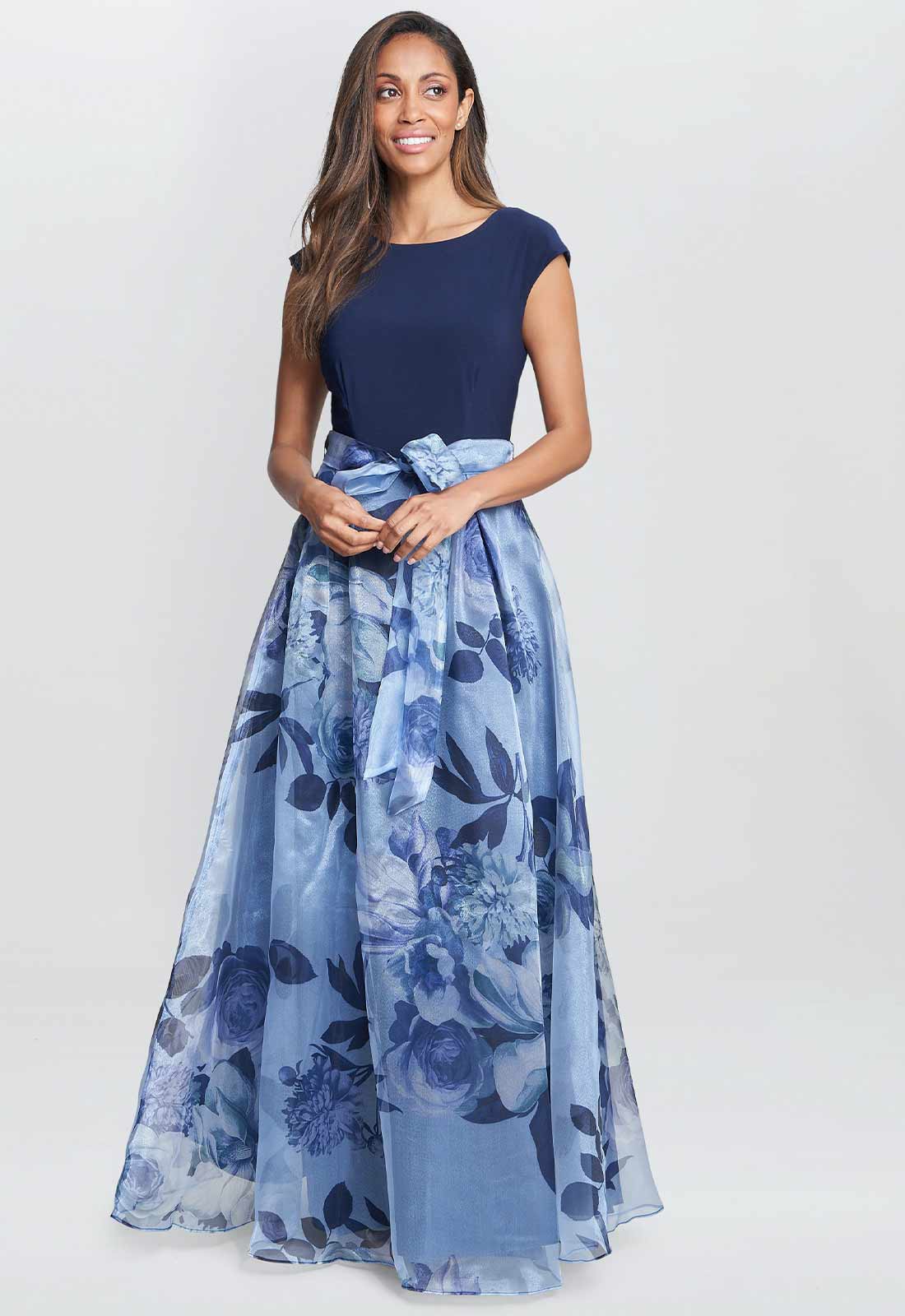 Gina Bacconi Grace Maxi Printed Dress With Jersey Bodice And Belt