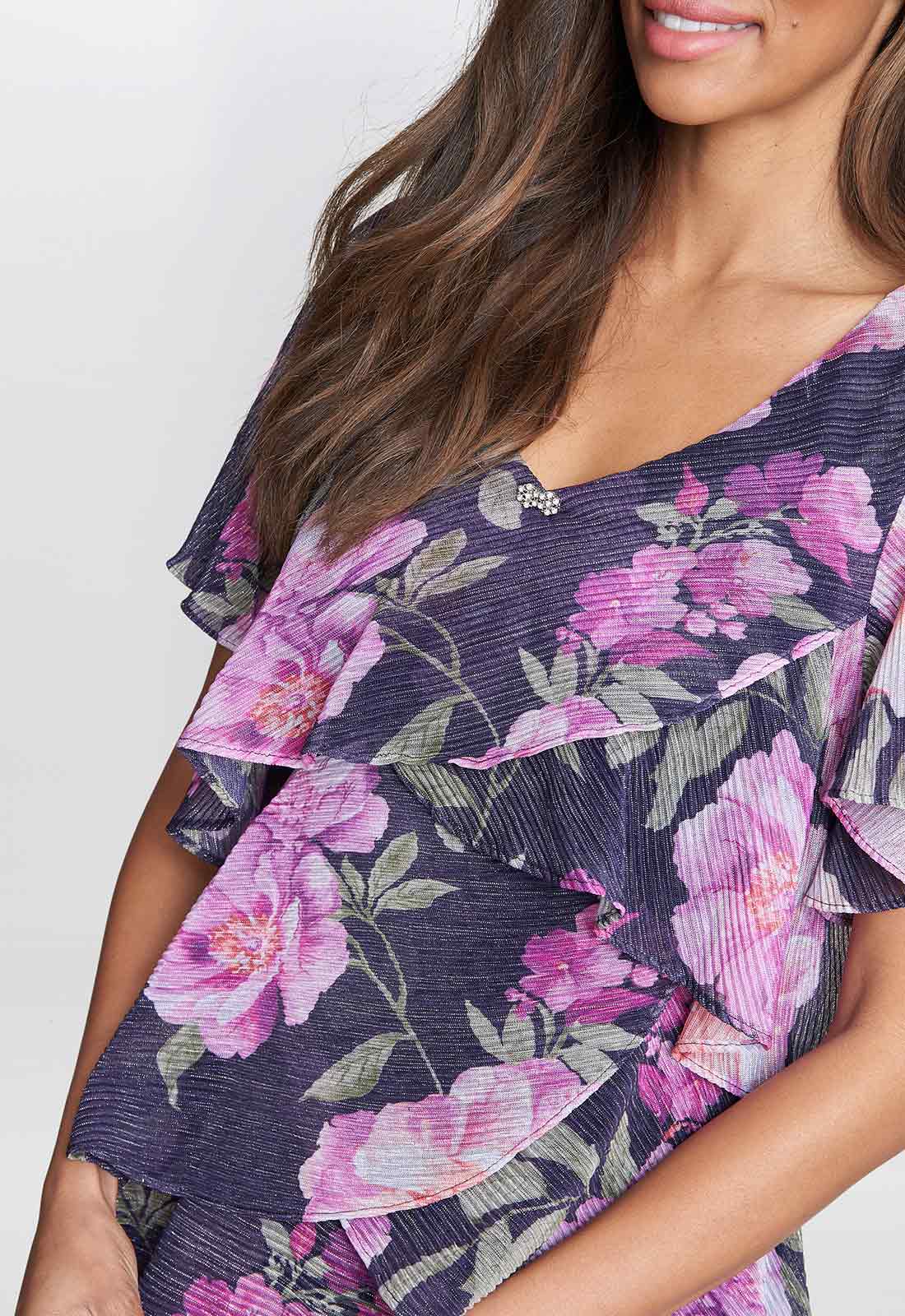 Gina Bacconi Libby Printed V Neck Dress With Tiers And Embellished Neck