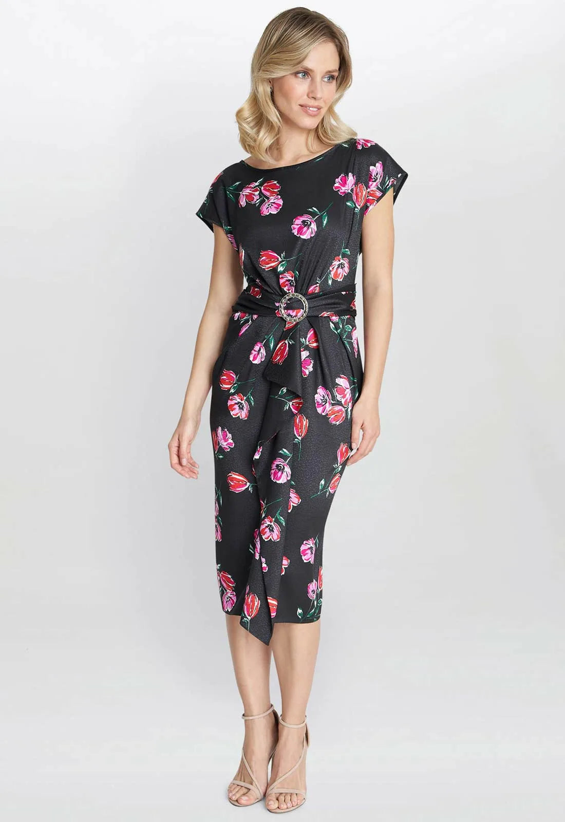 Gina Bacconi Saffron Floral Print Satin Dress With Buckle