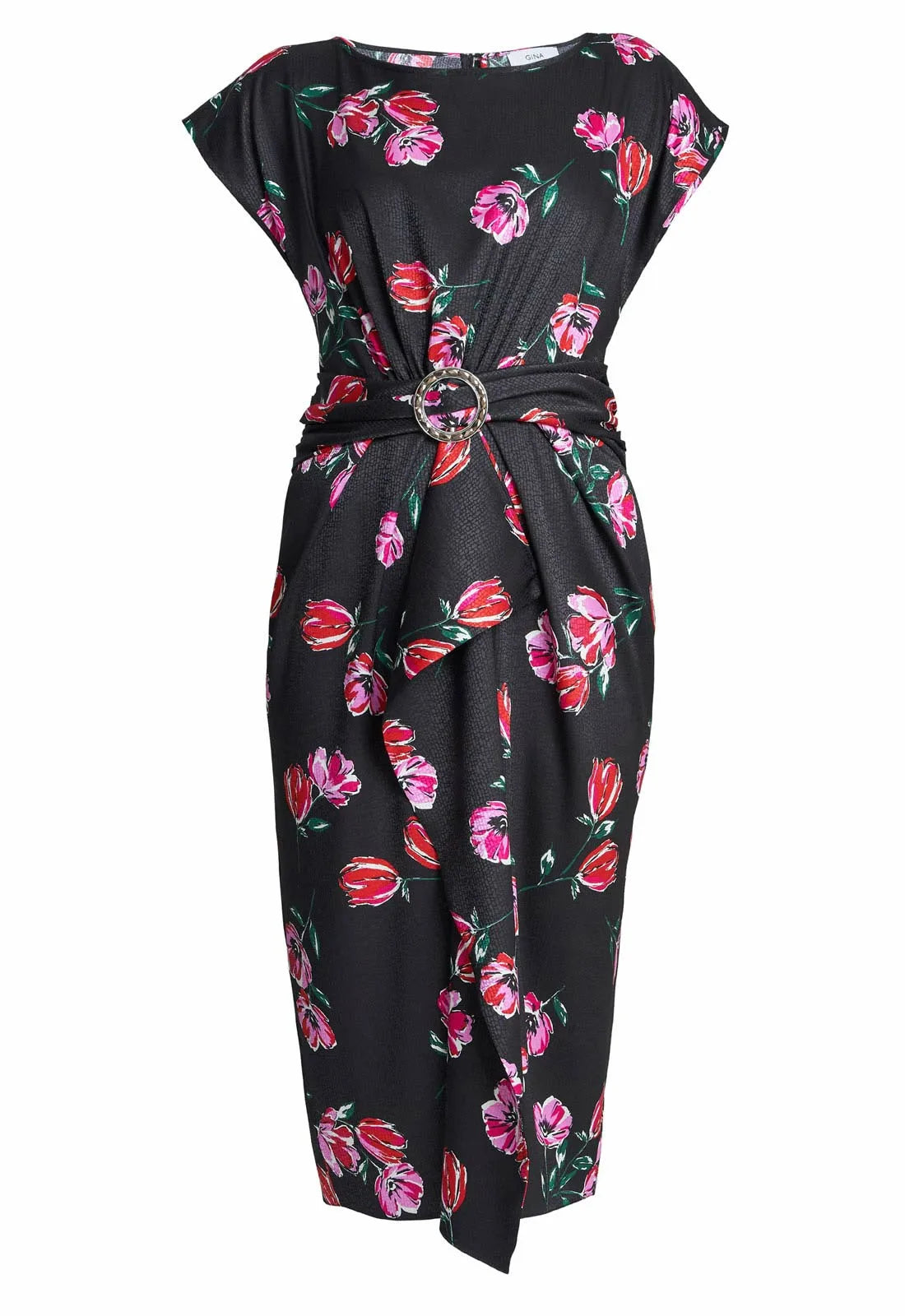 Gina Bacconi Saffron Floral Print Satin Dress With Buckle