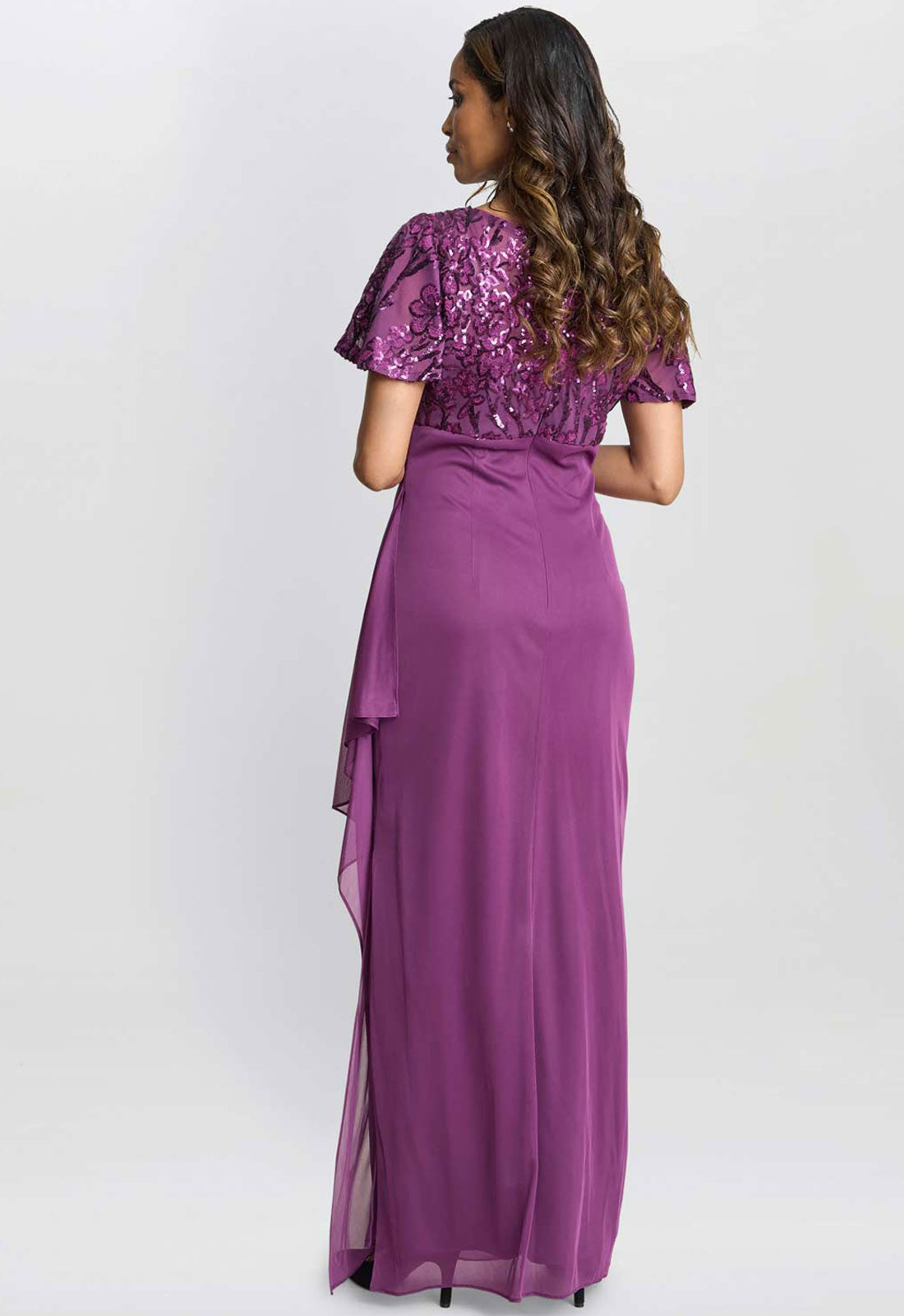 Gina Bacconi Plum Kaitlyn Embroidered Sequin Flutter Sleeve Cascade Dress