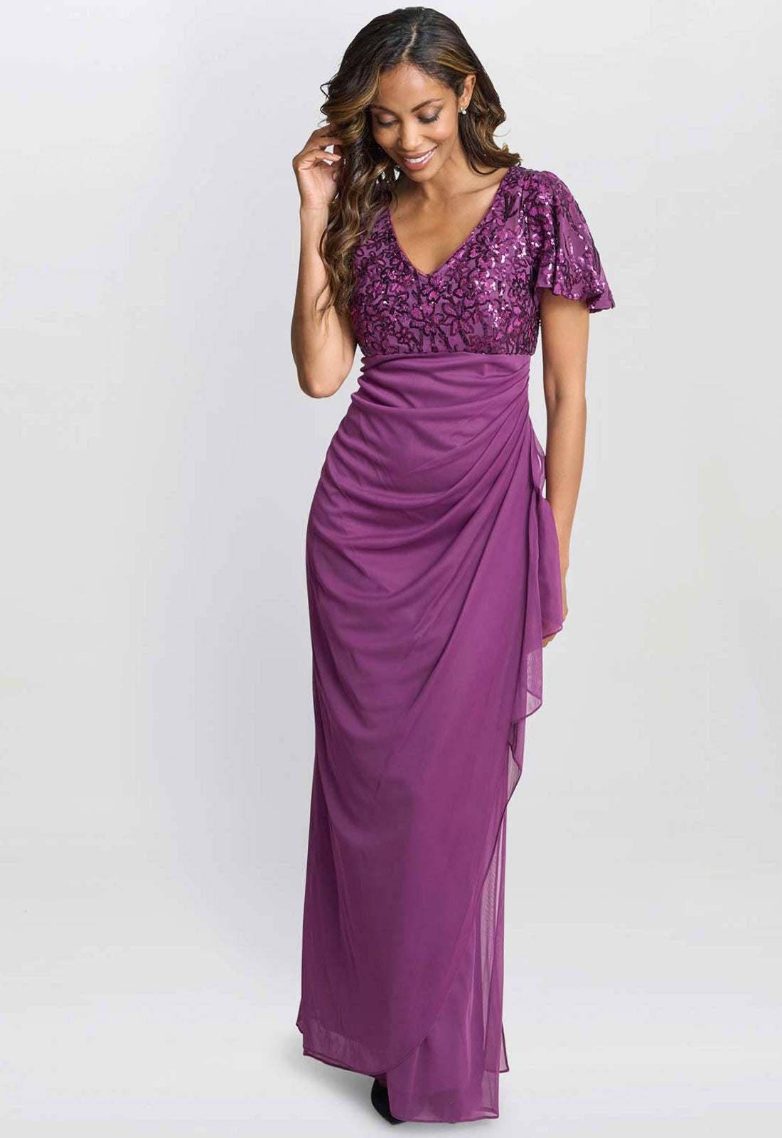 Gina Bacconi Plum Kaitlyn Embroidered Sequin Flutter Sleeve Cascade Dress