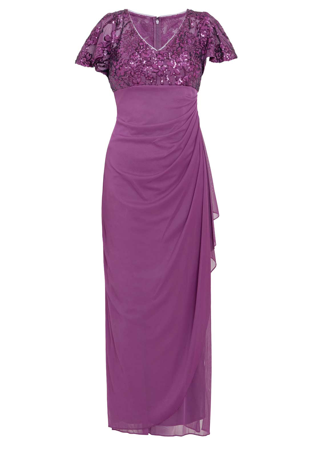 Gina Bacconi Plum Kaitlyn Embroidered Sequin Flutter Sleeve Cascade Dress