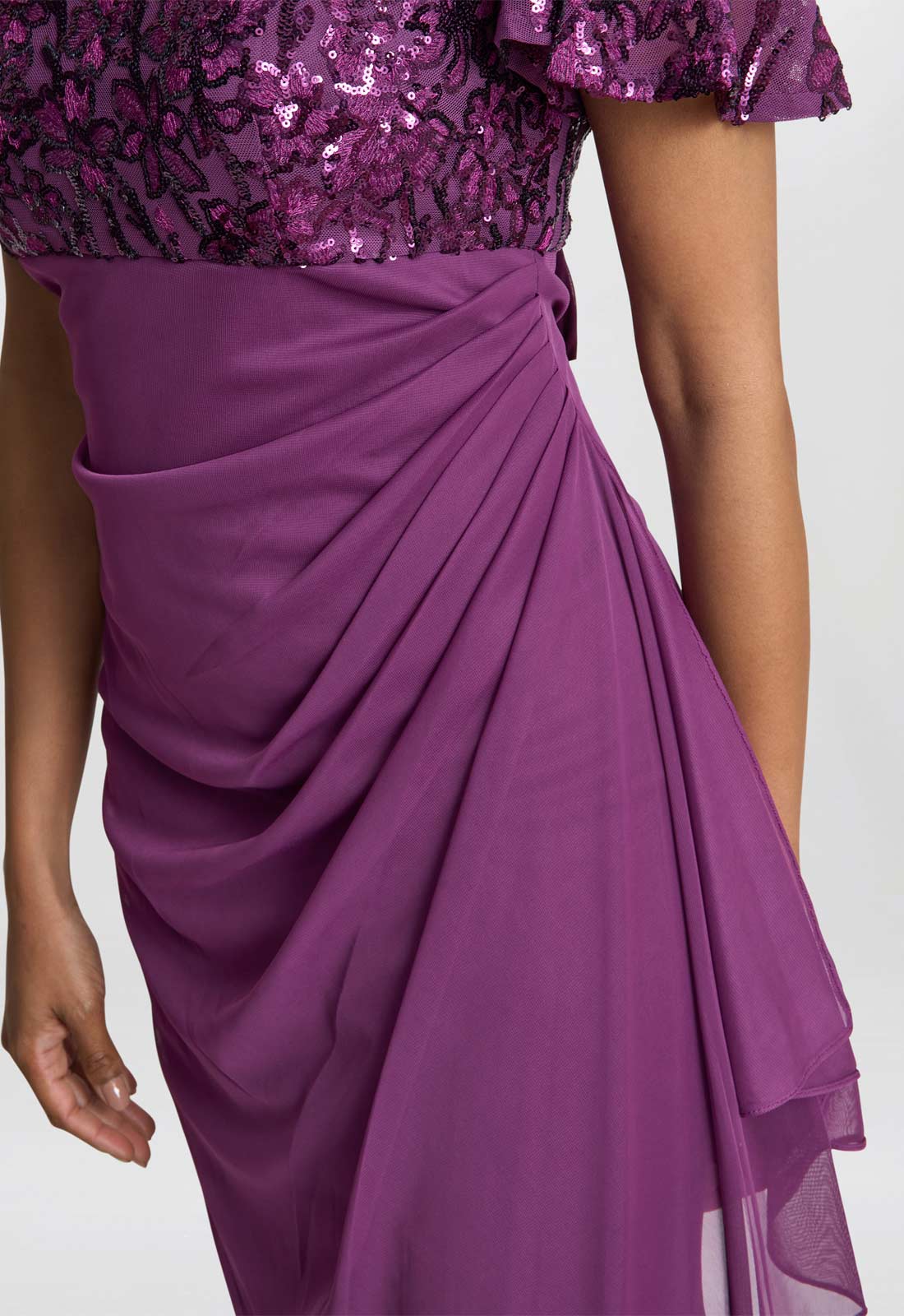 Gina Bacconi Plum Kaitlyn Embroidered Sequin Flutter Sleeve Cascade Dress