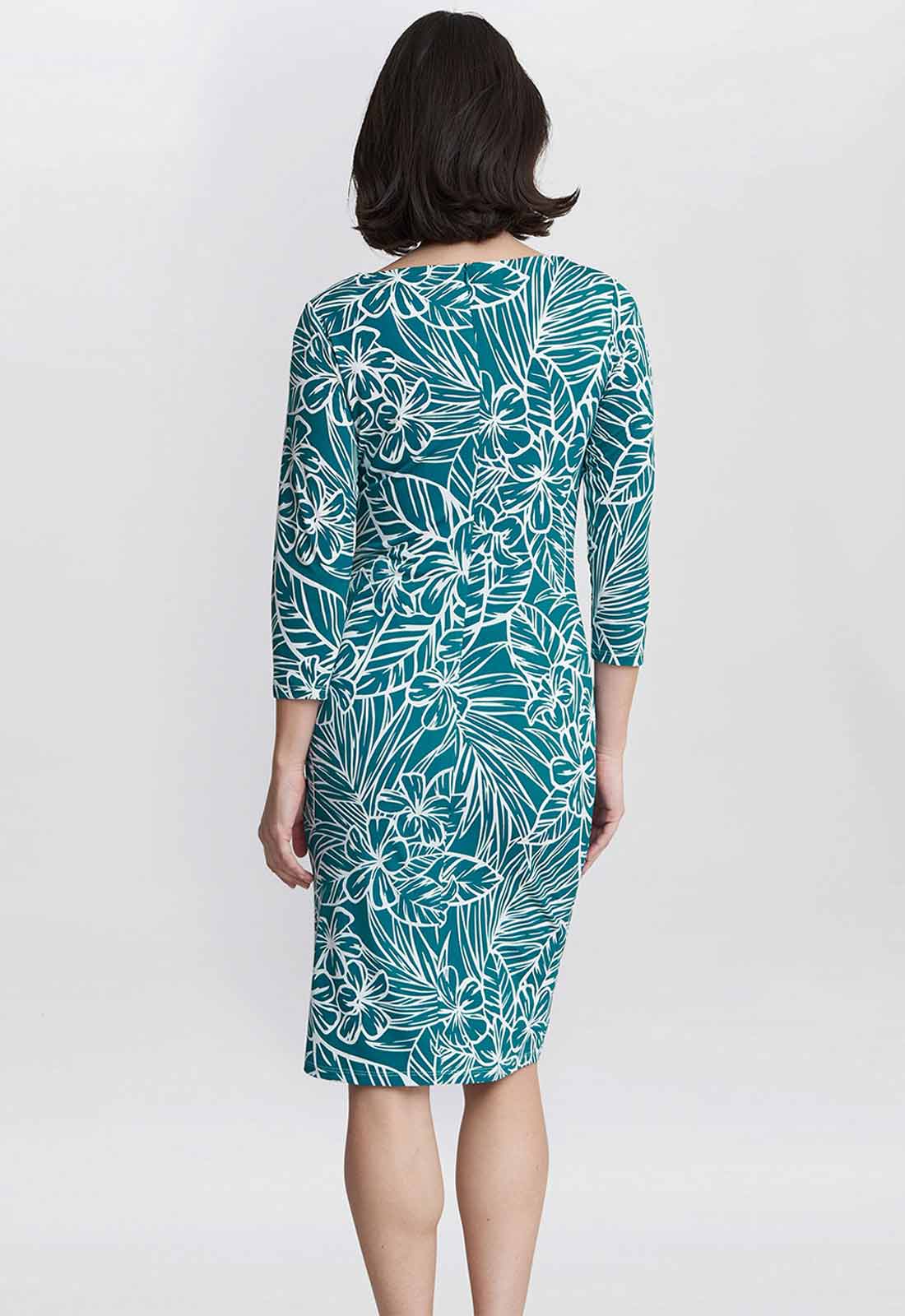 Gina Bacconi Teal Adeline Printed Jersey Cowl Neck Dress