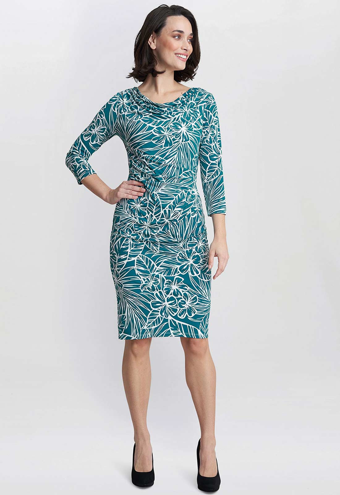 Gina Bacconi Teal Adeline Printed Jersey Cowl Neck Dress