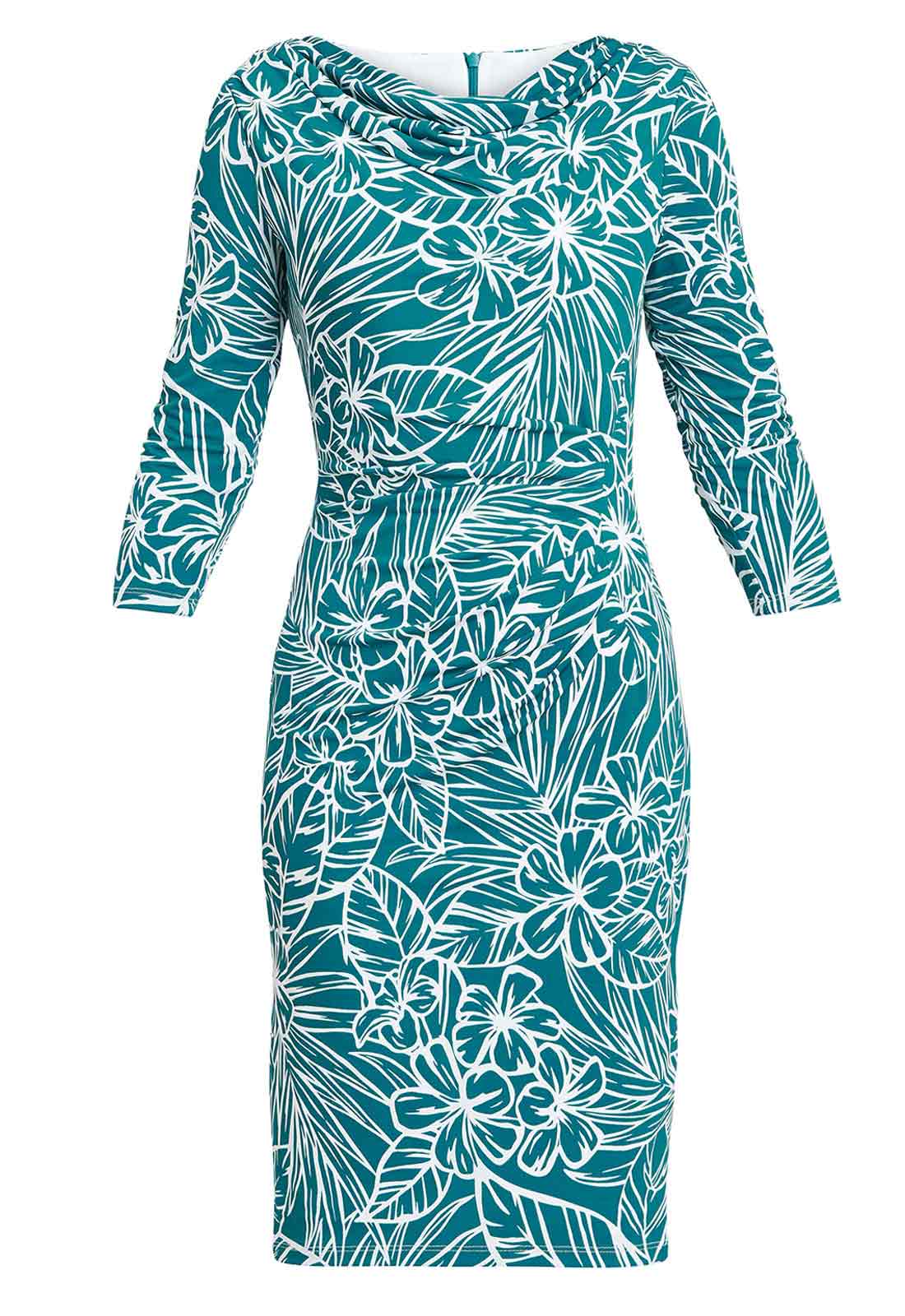 Gina Bacconi Teal Adeline Printed Jersey Cowl Neck Dress