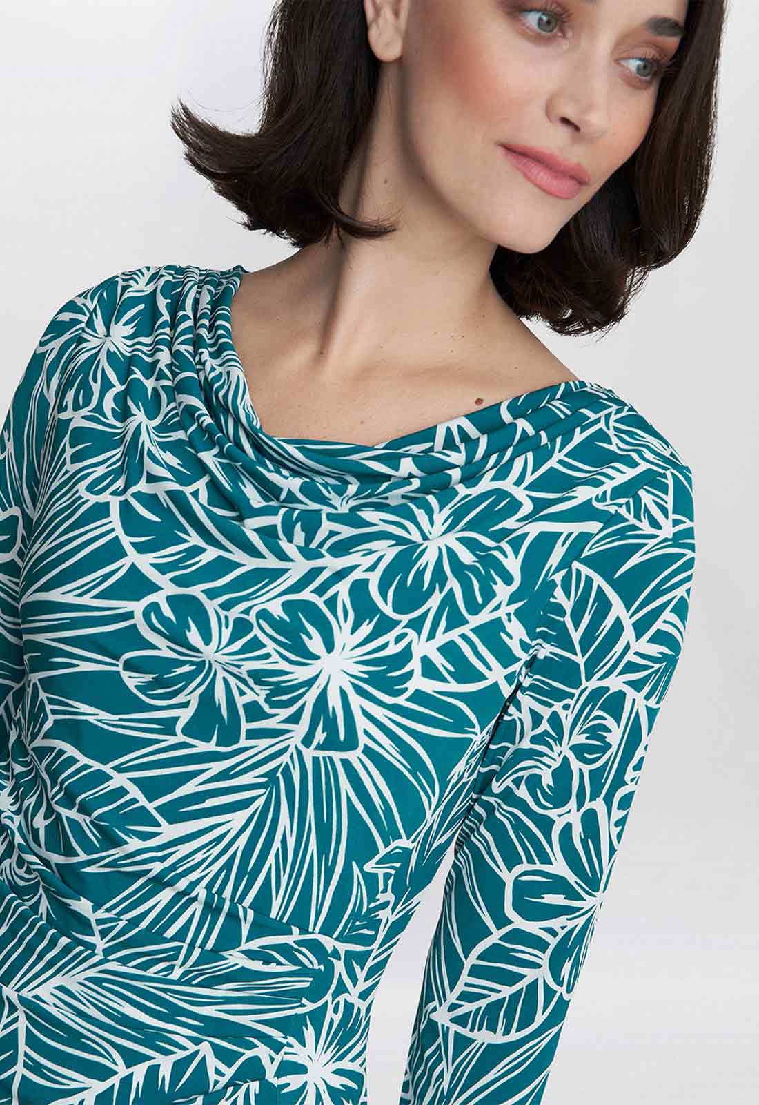 Gina Bacconi Teal Adeline Printed Jersey Cowl Neck Dress