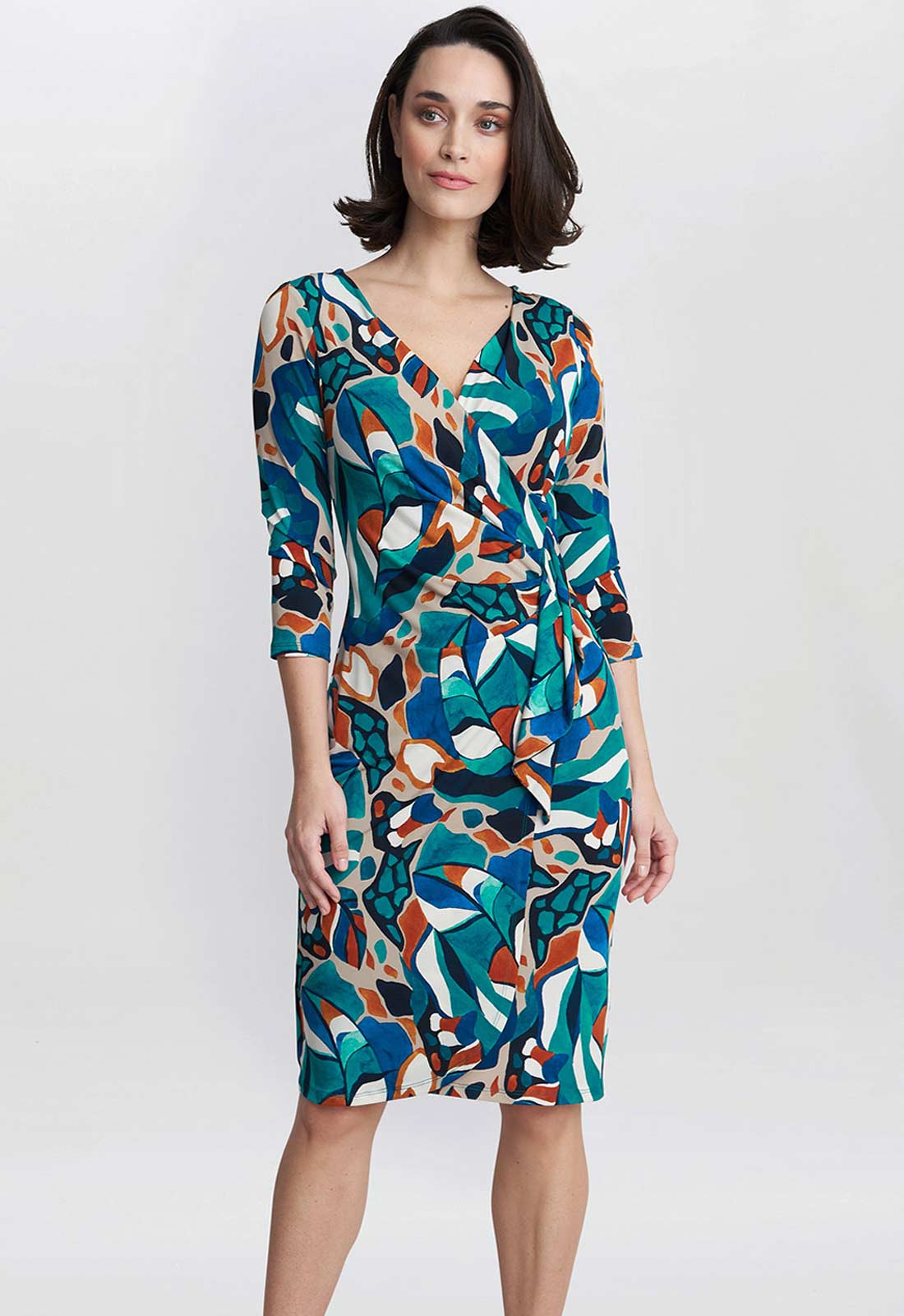 Gina Bacconi Turquoise Beatrix Printed Jersey Ruffle Dress
