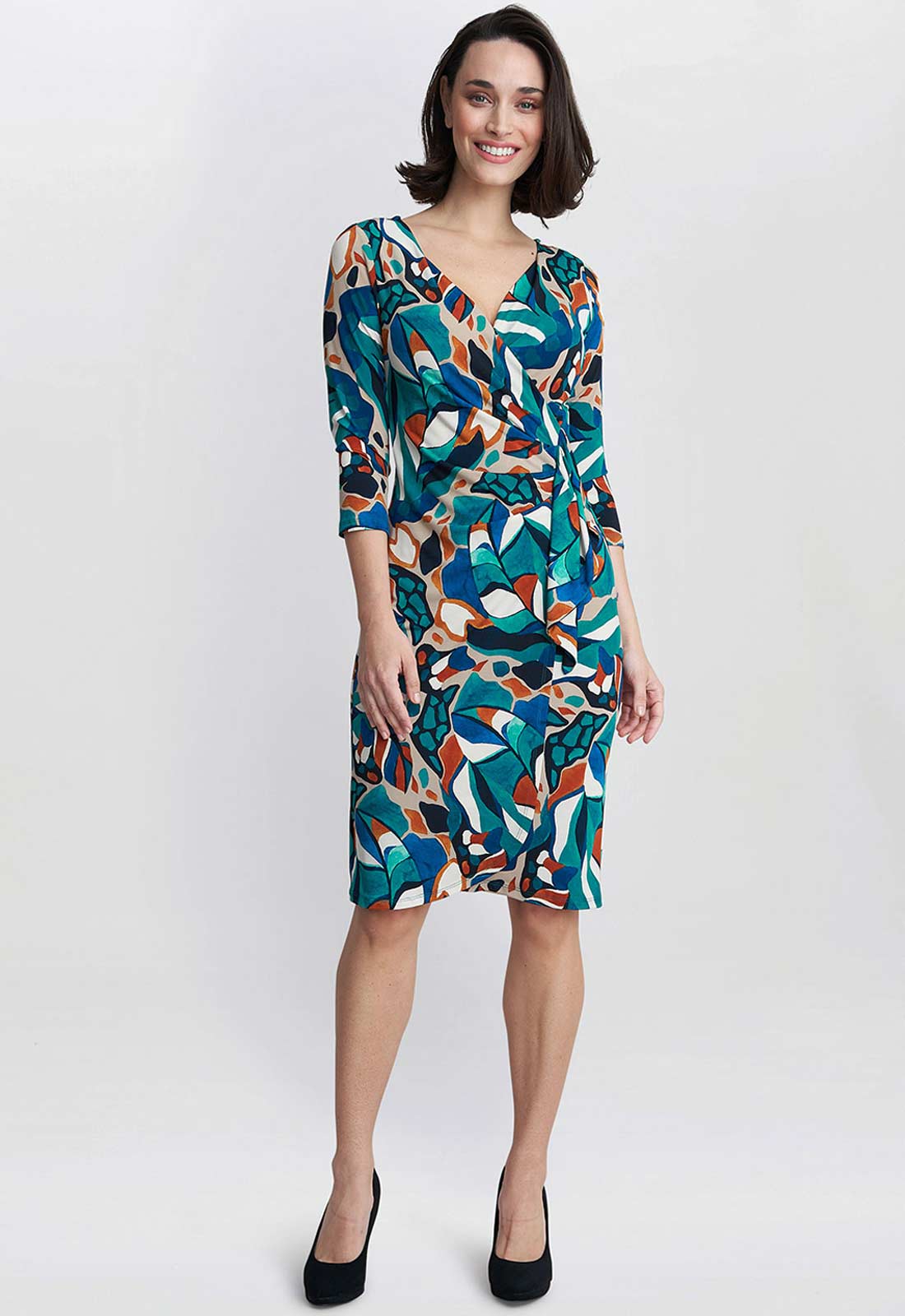 Gina Bacconi Turquoise Beatrix Printed Jersey Ruffle Dress