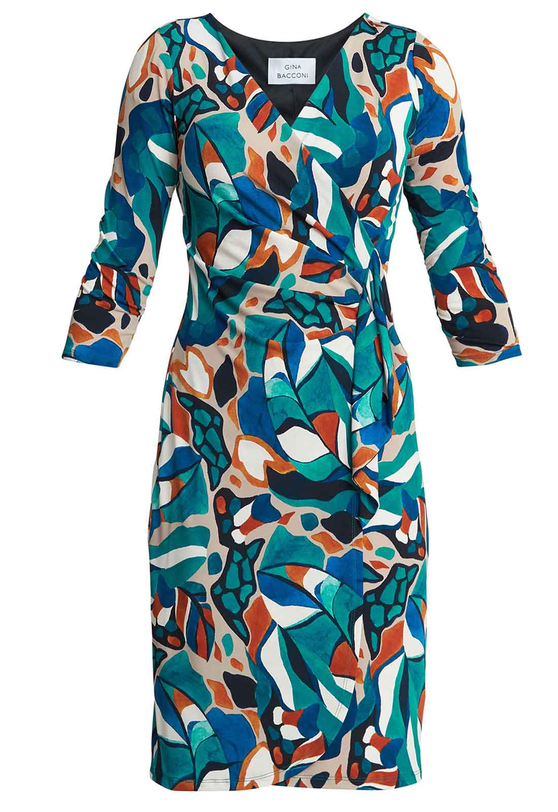 Gina Bacconi Turquoise Beatrix Printed Jersey Ruffle Dress