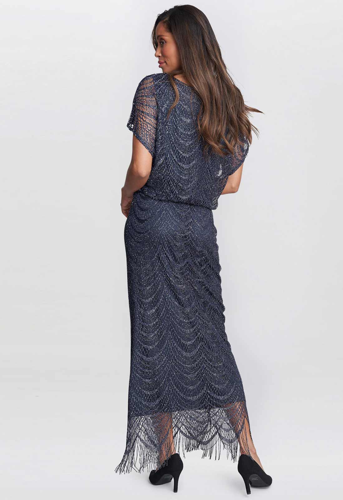 Gina Bacconi Arleen Long Blouson Fringe Hem Dress